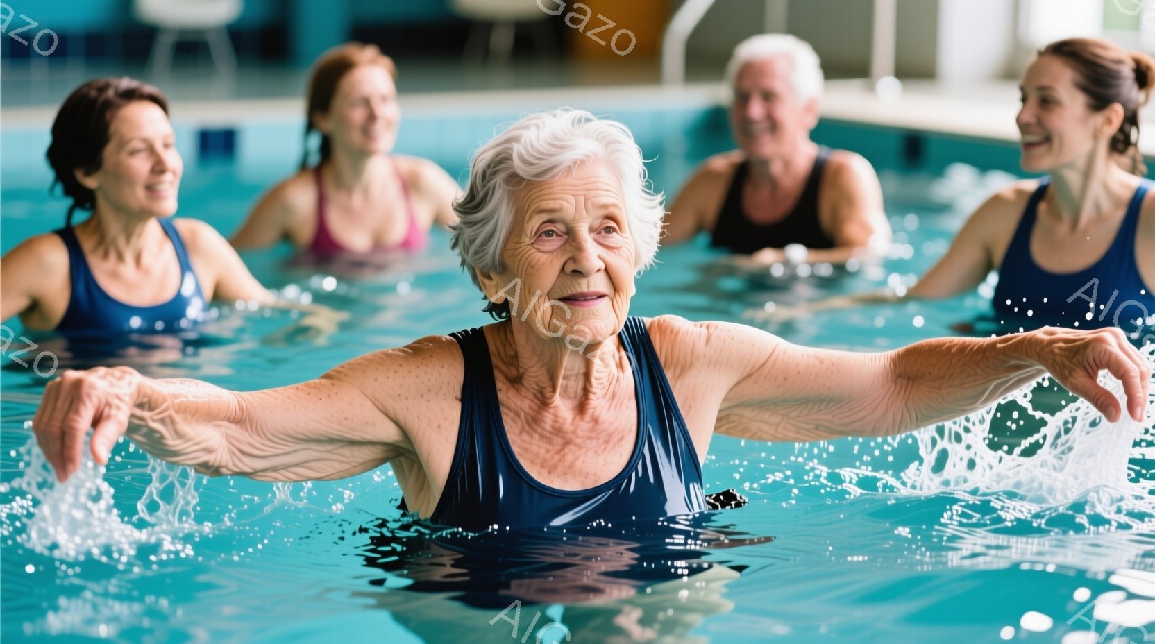 水中で腕を広げて運動している高齢女性が写っています。彼女は濃い青色の水着を着ており、白髪が短く整えられています。背景には、同じように水中で運動している他の女性たちがおり、水しぶきが飛び交い、明るく健康 - AI生成フリー素材