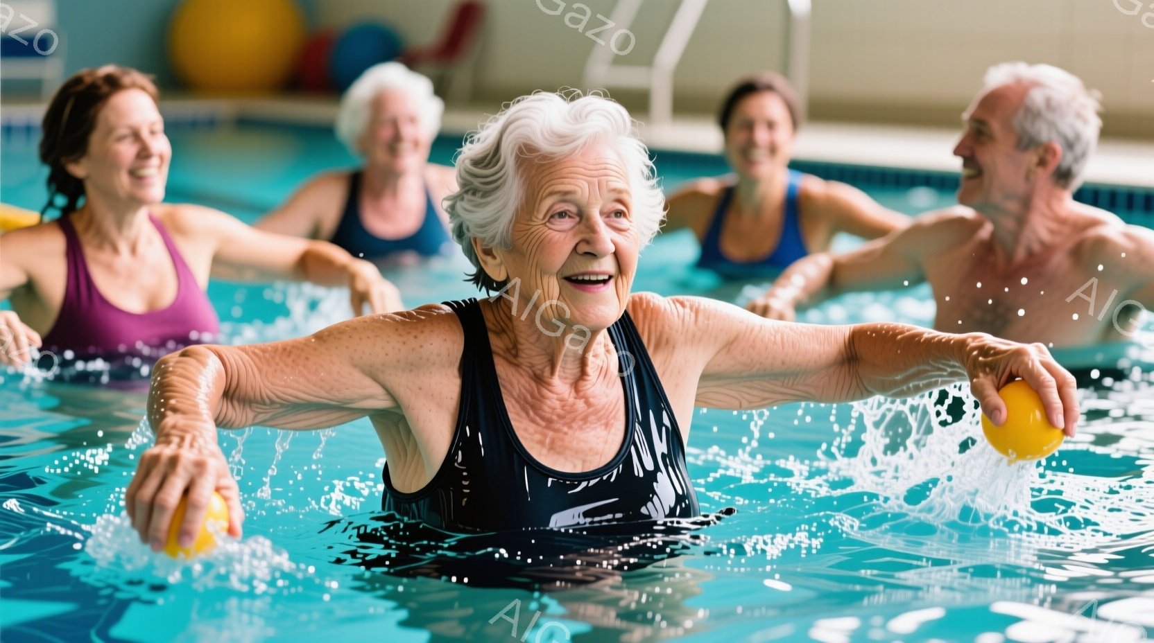 水泳プールの写真で、高齢の女性がオレンジ色のボールを持って両腕を広げ、水しぶきを上げながら運動しています。彼女は黒い水着を着ており、笑顔で活気に満ちています。背景には、他の参加者やプールの設備が見え、全体的に健康的なアクティビティを楽しむ雰囲気が伝わってきます。