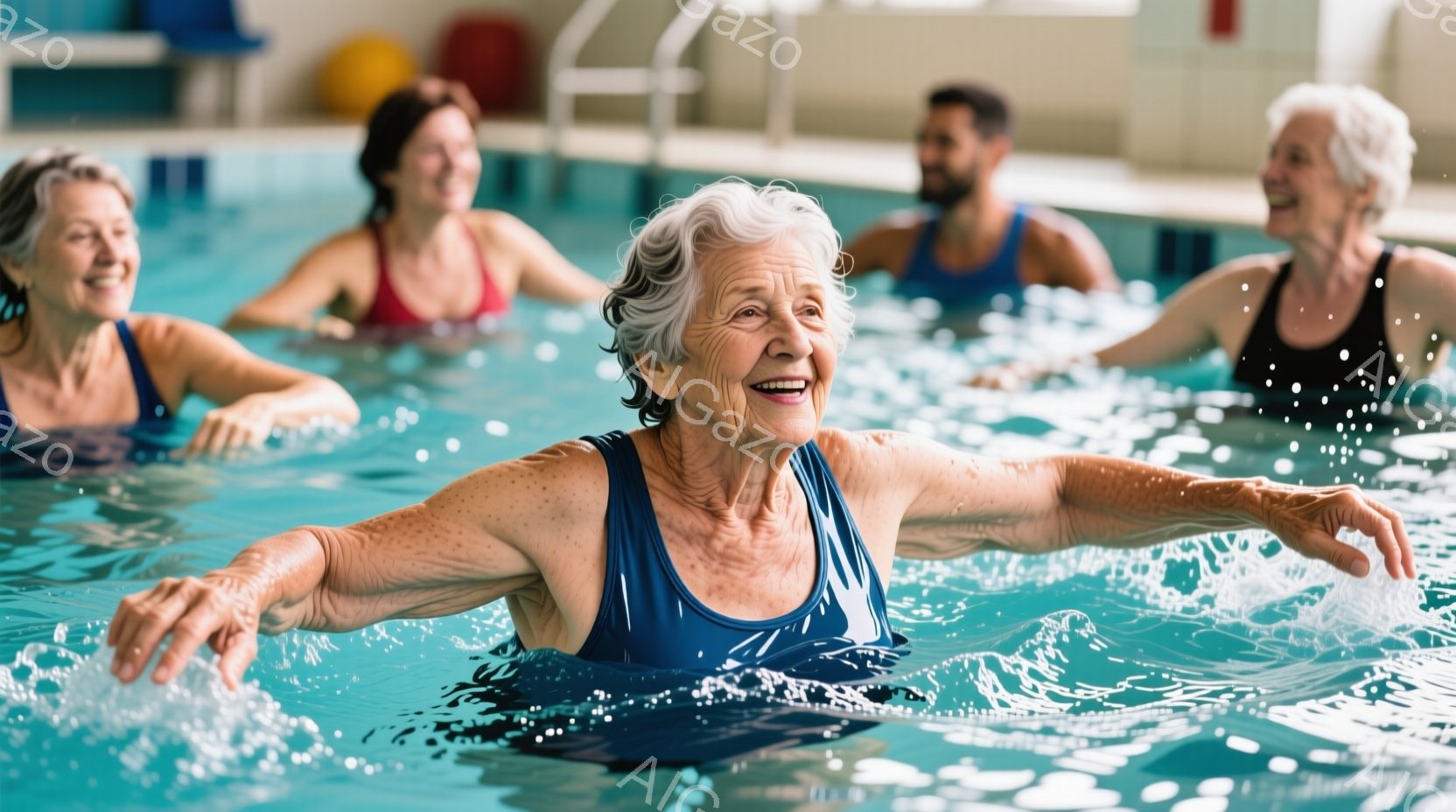 水中で腕を広げ、楽しそうに笑う白髪の女性が写っています。彼女は濃い青色の水着を着ており、他の参加者も水中でエクササイズを行っています。背景にはプールの壁が見え、全体的に健康的で活気のある雰囲気が漂って - AI生成フリー素材