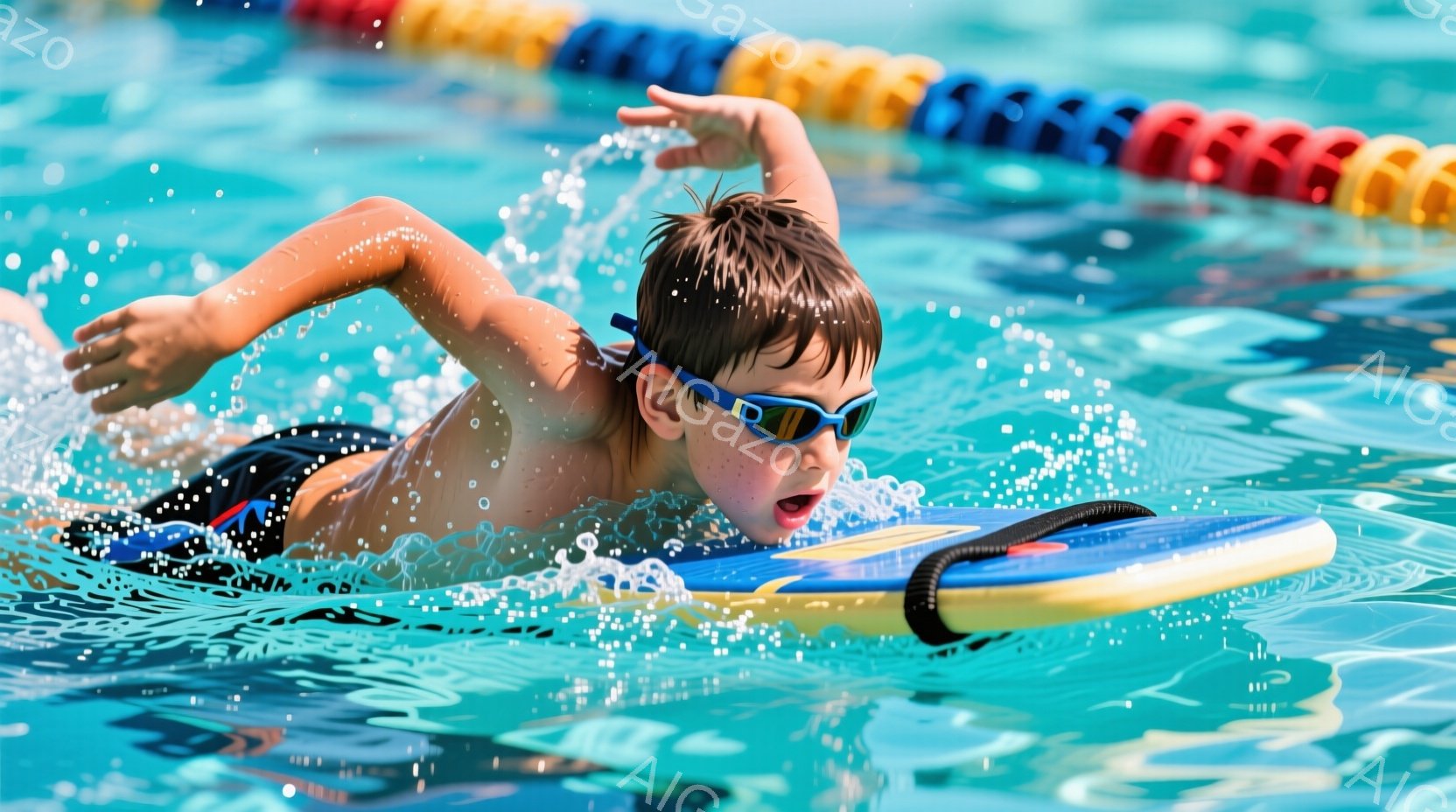 少年は水中で競泳用のボードを使って泳いでおり、水しぶきが飛び散っています。彼はゴーグルをかけ、水色の縁取りのある黒い水着を着ており、表情は真剣で前進しています。背景にはプールサイドのカラフルなタイルと - AI生成フリー素材