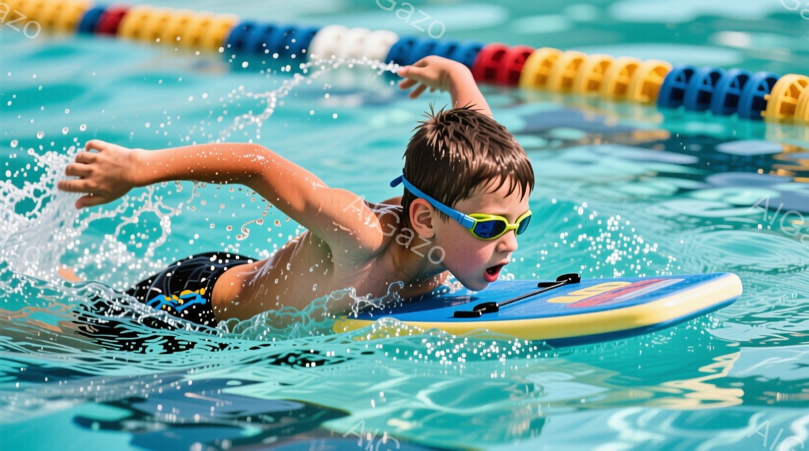 少年は水中で泳いでおり、水しぶきが上がっています。彼は黒地に黄色い模様の水着と、顔にフィットする青いゴーグルを着用しており、真剣な表情で腕を大きく動かして泳いでいます。背景には、水中のタイルと水面が見え、屋内プールの明るく活気のある雰囲気が伝わってきます。