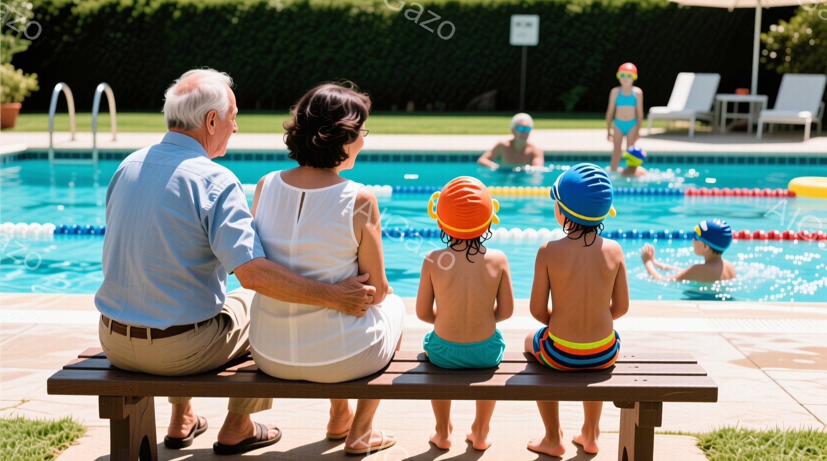 屋外プールサイドに腰掛けた老夫婦と二人の子供が映っている。老夫婦はそれぞれカジュアルな夏の服装で、子供たちは水泳帽を被り、水着姿である。背景には青いプールの水面、緑豊かな木々、そして数人の他の水泳者が - AI生成フリー素材