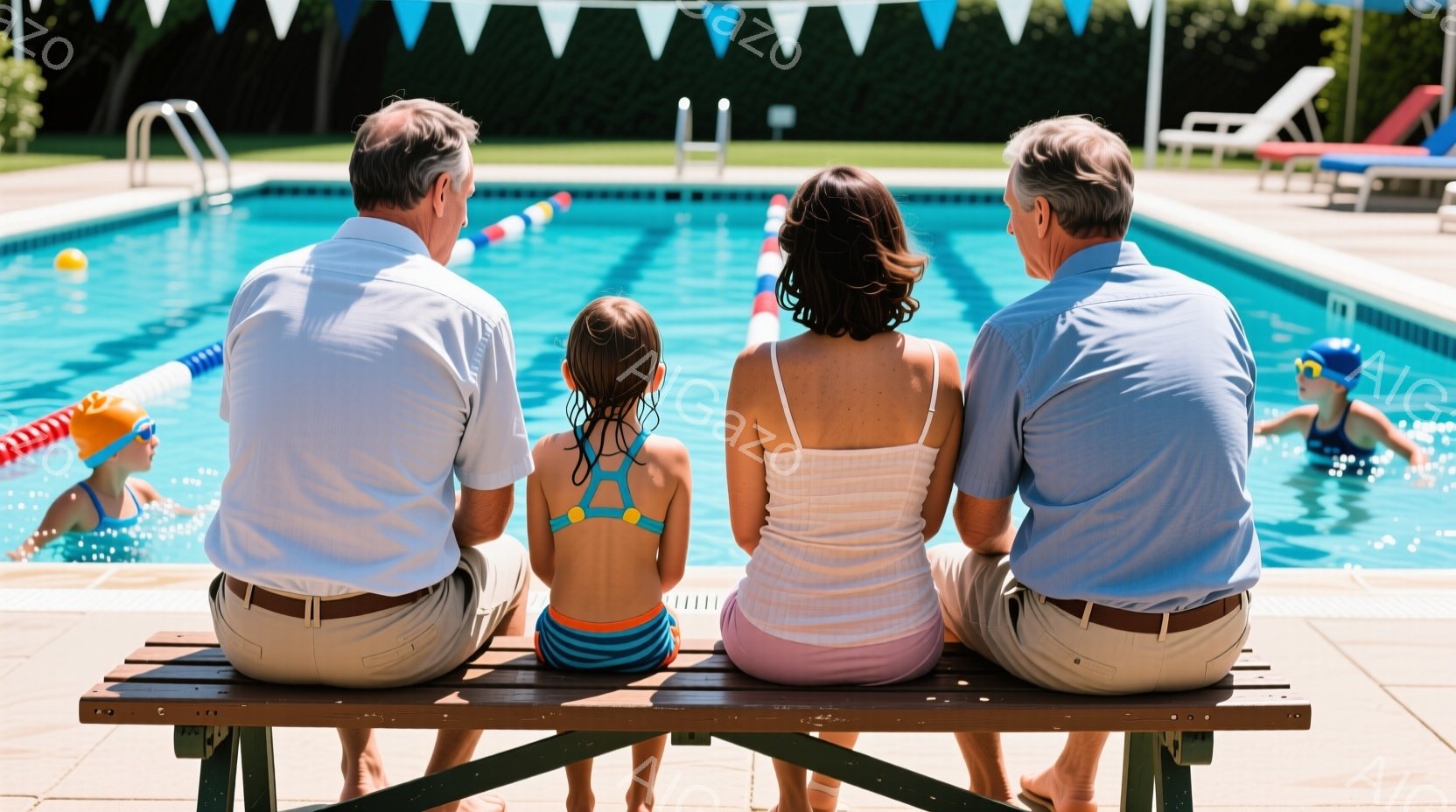プールサイドに腰掛ける一人の少女と二人の大人の後ろ姿が描かれています。少女はカラフルな水着を着ており、大人はそれぞれカジュアルな夏の服装です。背景には青いプール、水泳をしている子供たち、緑豊かな木々が - AI生成フリー素材