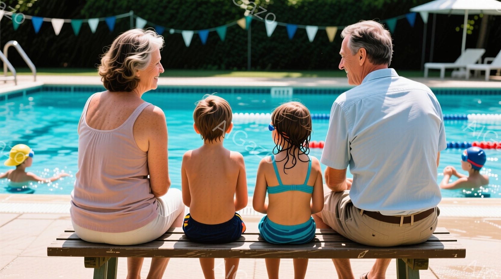 プールの縁に座る白髪の女性と2人の子供が写っている。女性は薄いピンクのシャツとベージュのズボンを着用し、2人の子供は水着姿で、少女は青い水着、少年は黒い水着を着ている。背景には青いプール、緑の木々、そ - AI生成フリー素材