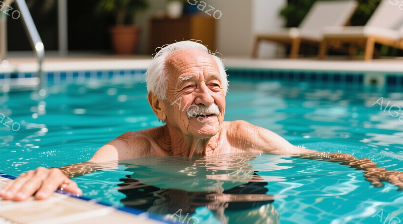 白髪で皺の多い高齢男性が、水着なしでプールの水中に上半身を浸しています。彼はわずかに微笑み、リラックスした表情で、腕を広げて水面を漂っているようです。背景にはプールの縁、デッキチェア、そして緑豊かな植 - AI生成フリー素材