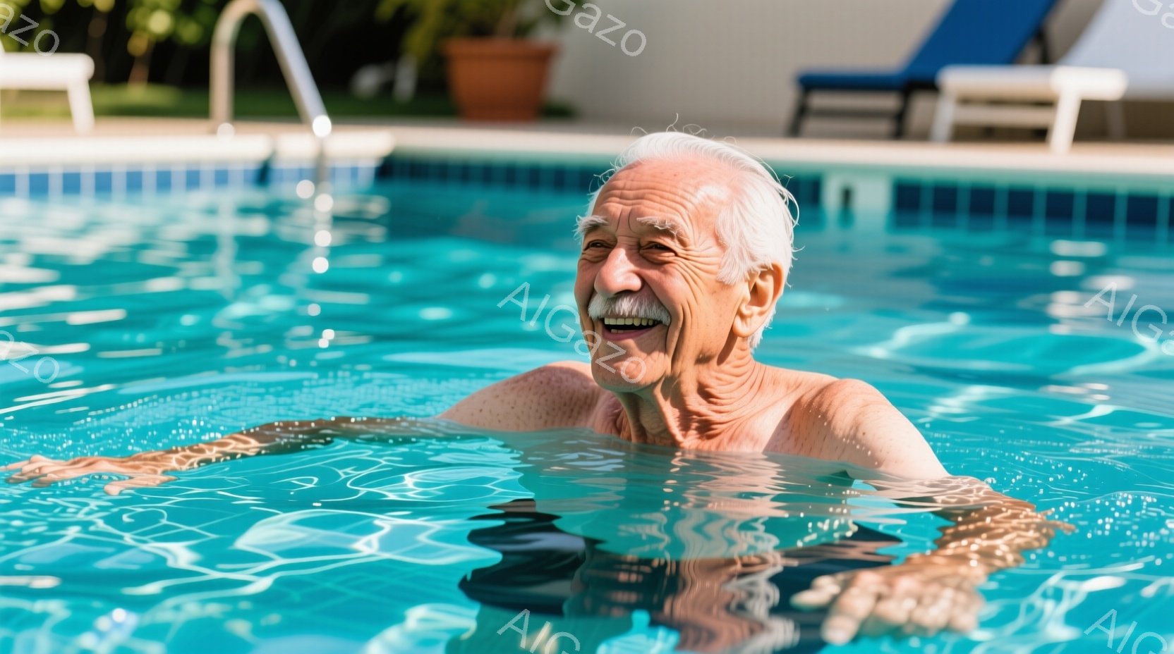 高齢の男性が水中で笑顔を見せています。彼は上半身裸で、白髪の髪と口ひげを生やしており、水面から肩まで浸かっています。背景には青いプール、白いデッキチェア、そして緑の植物が見え、晴れた日のリラックスした - AI生成フリー素材
