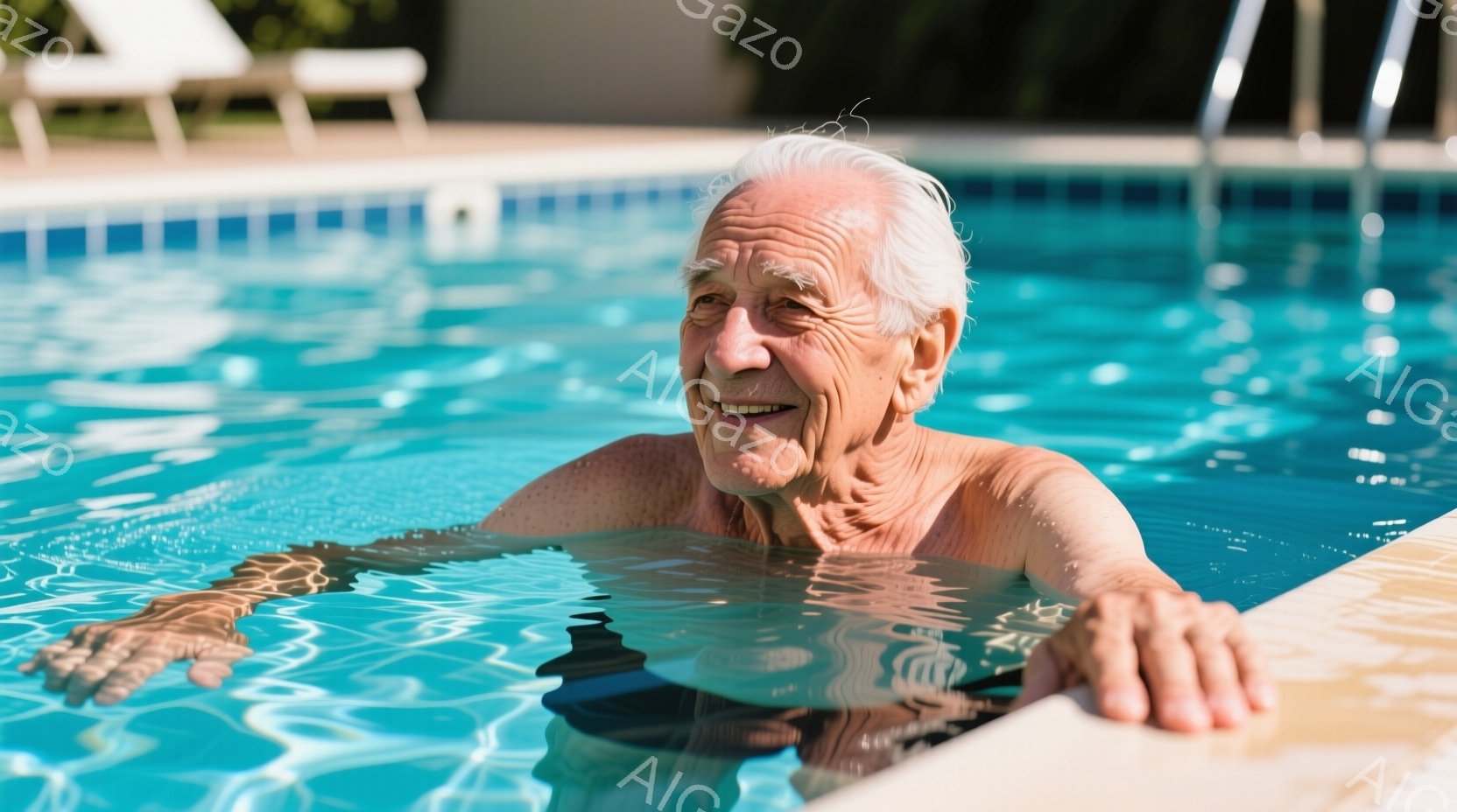 白髪の高齢男性がプールの中で肩まで浸かっている様子が写っている。彼は穏やかな微笑みを浮かべ、リラックスした表情でプールの縁に手を添えている。背景には青空と緑の植生が見え、晴れた日の穏やかな雰囲気が漂っ - AI生成フリー素材