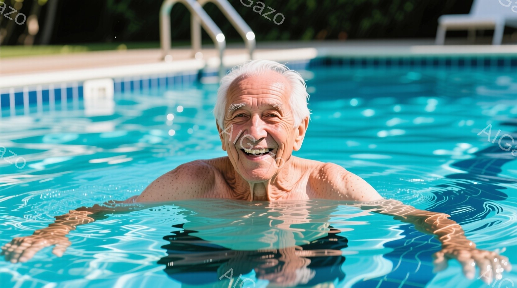 白髪の高齢男性が水中に浮かび、微笑んでいます。彼は上半身裸で、顔には喜びが表れており、両腕を広げてリラックスした様子です。背景にはプールの縁と緑豊かな植物が見え、晴れた日の穏やかな雰囲気が伝わってきます。