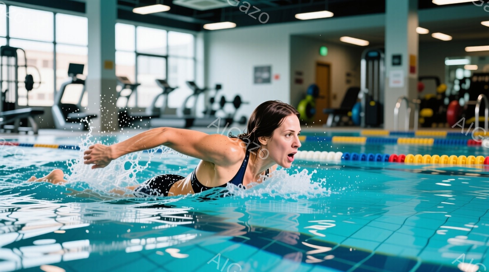 水泳場で女性がクロールで泳いでいる様子が捉えられています。彼女は黒い水着を着用し、髪は後ろで束ねています。表情は真剣で、水面を力強く進む姿が印象的です。