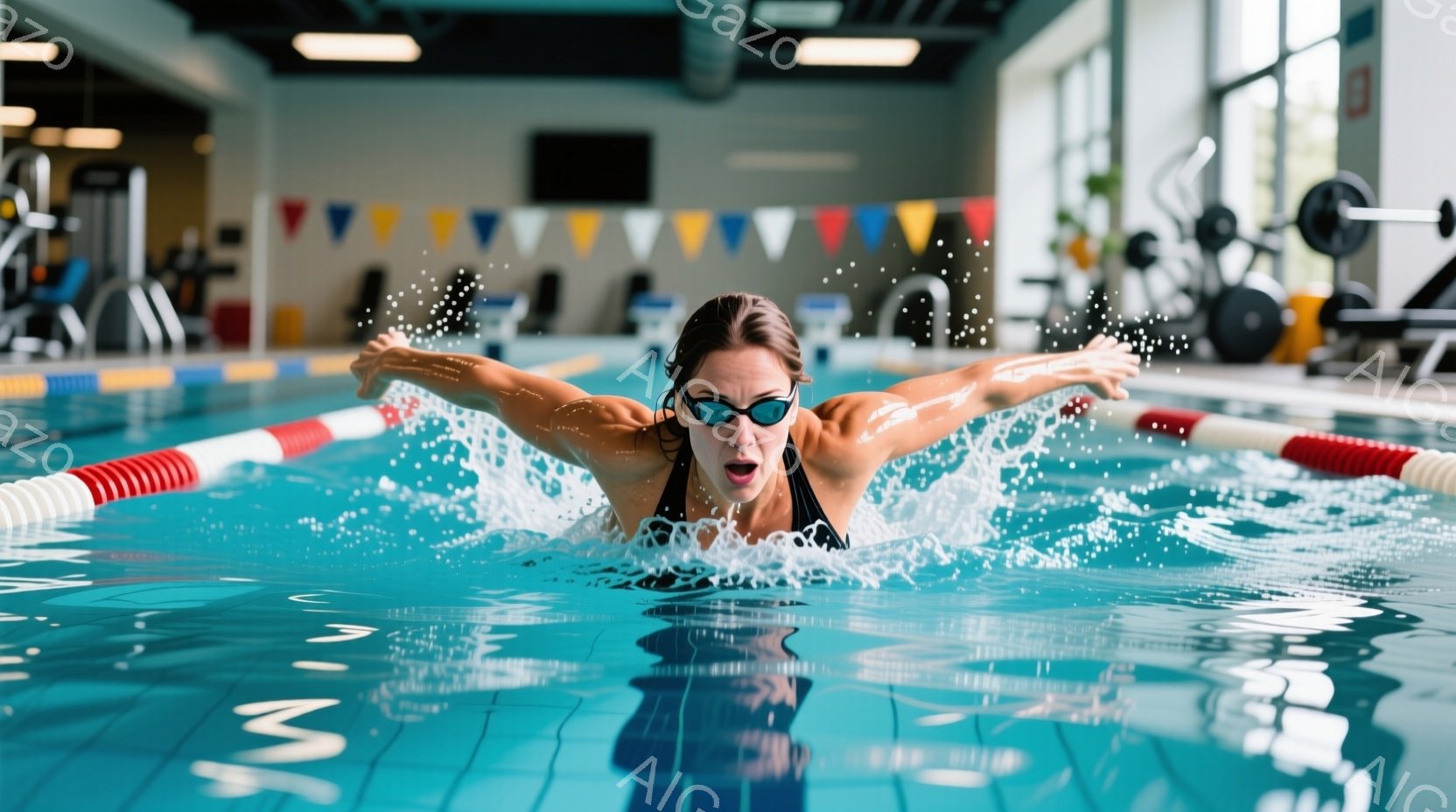 水泳帽とゴーグルを着用した女性が、水中で蝶泳ぎをしている様子が捉えられています。彼女は口を開けており、力強く腕を広げて前進しています。背景にはプールの壁と、トレーニング器具が設置されたジムの様子が見え、屋内プールであることがわかります。