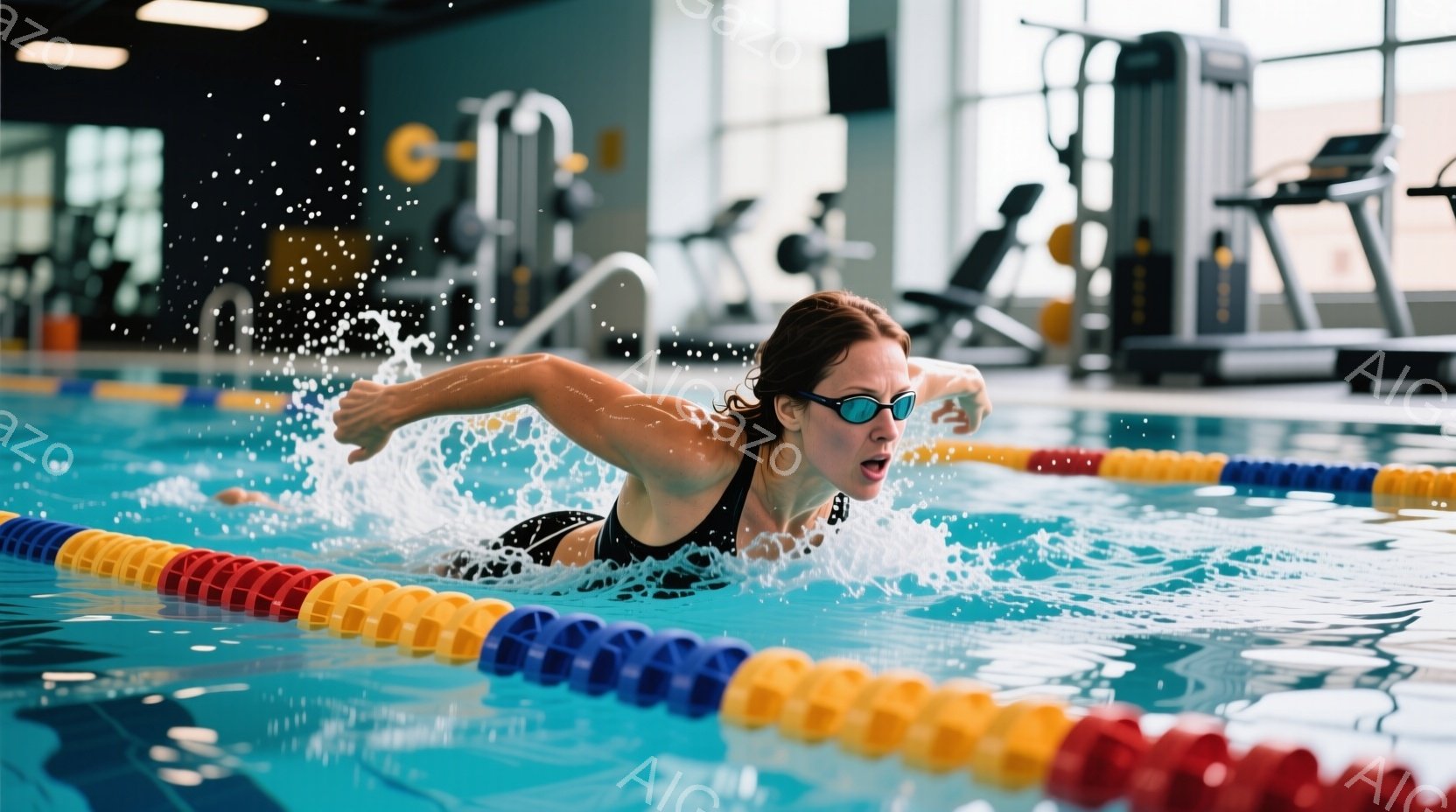 水泳場でクロールをしている女性が写っている。彼女は黒い水着とゴーグルを着用し、髪は濡れて顔にかかっている。背景には他のトレーニング器具があり、水しぶきが躍動感を強調している。 - AI生成フリー素材