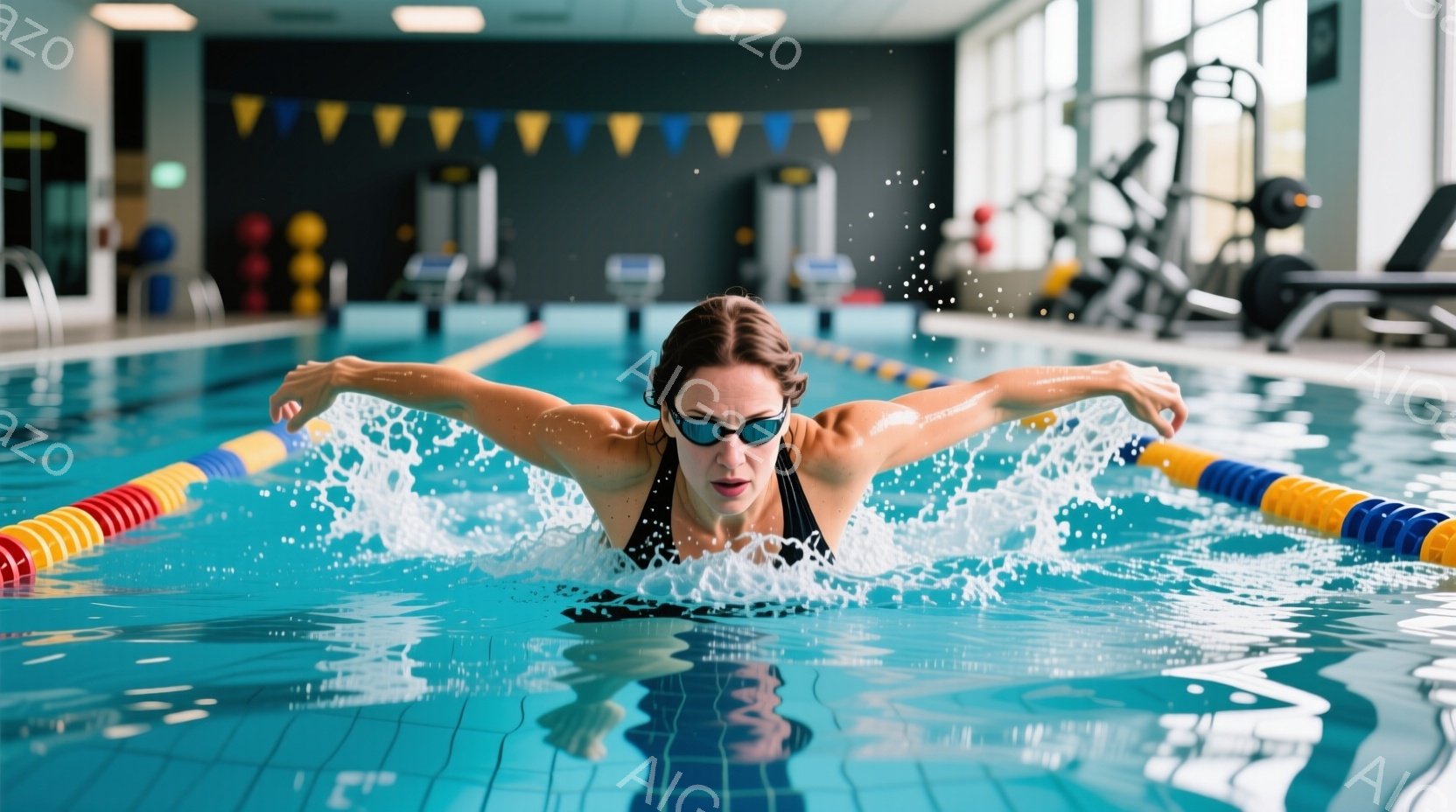 水泳場で女性がクロールで泳いでいる様子が写っている。彼女は黒い水着とゴーグルを着用し、髪は後ろでまとめられている。水面には水しぶきが上がり、彼女の表情は集中しているように見える。 - AI生成フリー素材