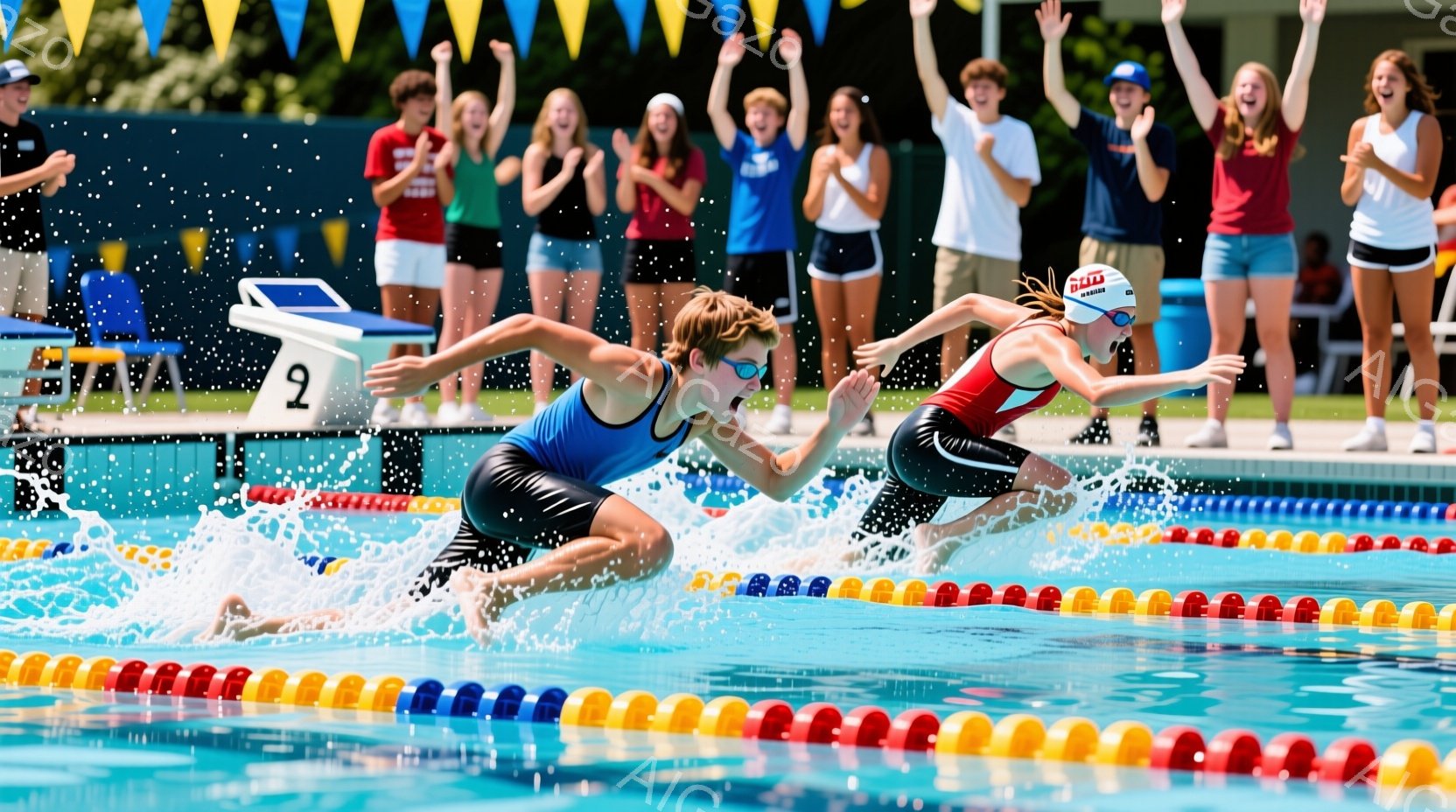 水泳競技の瞬間が捉えられた写真で、スタート台から飛び込んだ二人のスイマーが写っている。一人は青いスイムスーツ、もう一人は赤いスイムスーツを着ており、ともにゴーグルを着用し、力強く前進している。背景には観客席があり、多くの人々が応援している様子が確認でき、晴天の下、活気のある競技の雰囲気が伝わってくる。