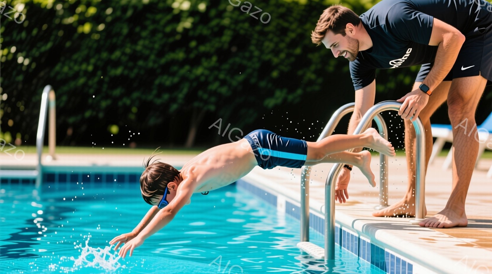 少年は水色の縁取りのある紺色の水着とゴーグルを着用し、プールの梯子から飛び込んでいる。大人は紺色のシャツと短パン姿で、少年の背中を押すように支えている。背景には青いプールの水面と緑豊かな木々が見え、晴れた日の屋外プールでの活気のある光景が広がっている。