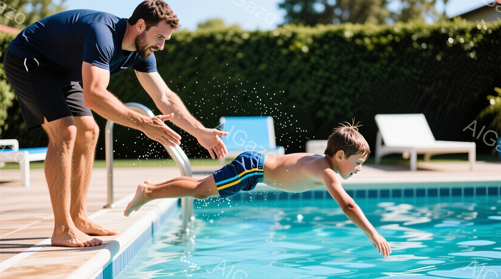 少年はプールに飛び込む瞬間で、両手を前に伸ばして体を水平に保っています。大人の男性はプールの縁に立ち、少年の背中を押してサポートしています。背景には青い空と緑の芝生、そして白いラウンジチェアが見え、晴 - AI生成フリー素材