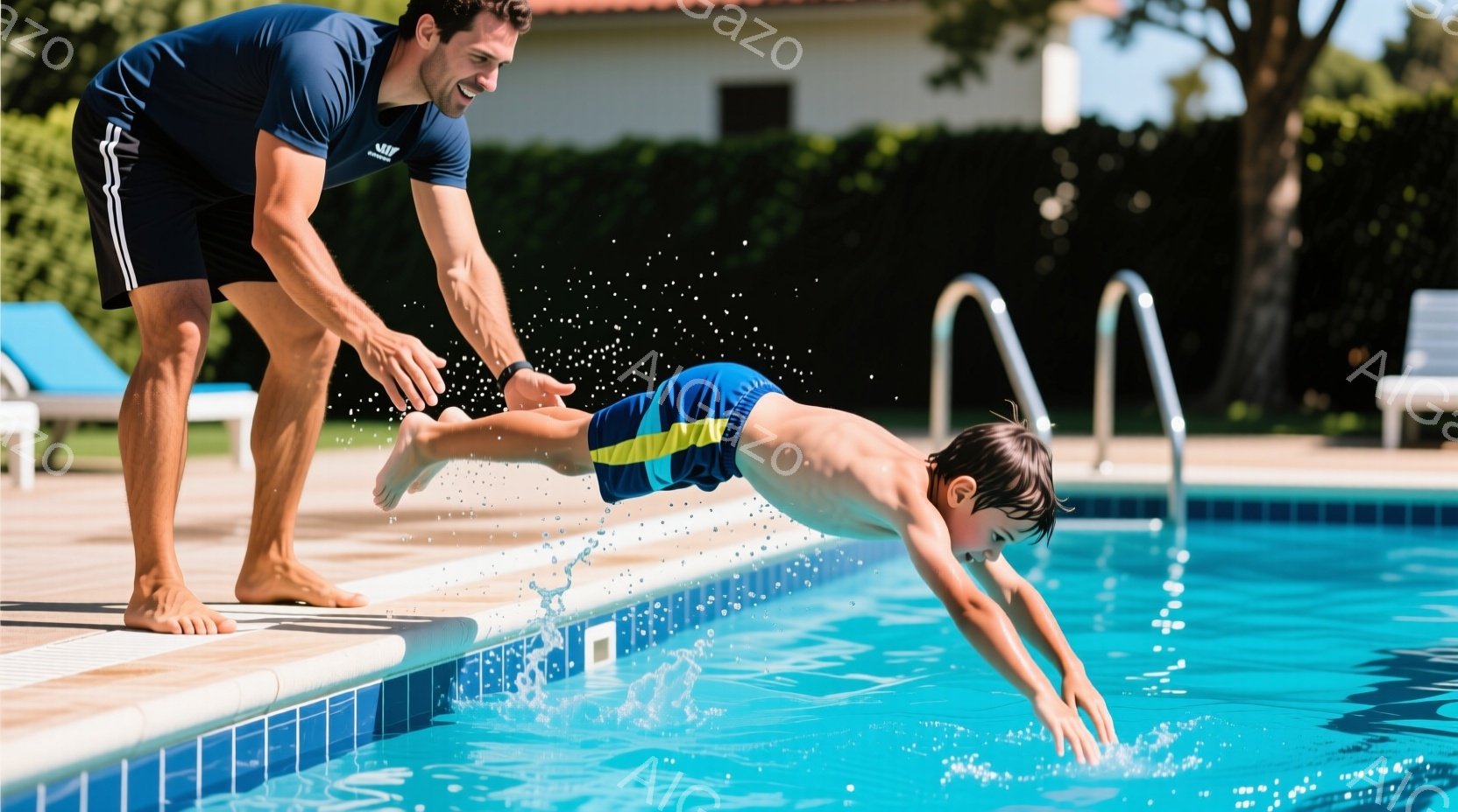 プールサイドで、一人の男性が少年がプールに飛び込むのを手伝っています。男性は濃い青色のTシャツと黒のショートパンツを着ており、笑顔で少年の背中を押しています。背景には青い空と緑の木々が見え、晴れた日の穏やかな雰囲気が漂っています。