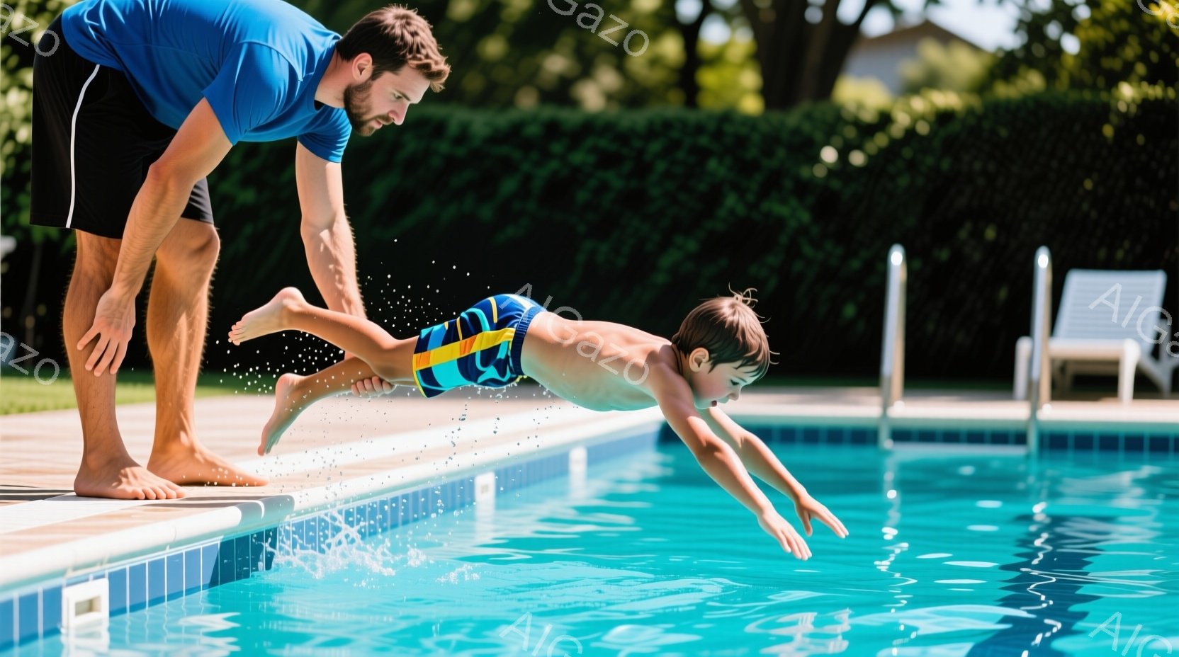 少年は水色のプールの縁からダイブし、水しぶきを上げています。彼はカラフルな水着を着用し、父親と思われる大人が片手を伸ばして彼を見守っています。背景には緑豊かな木々と青空が広がり、晴れた夏の日の穏やかな雰囲気を醸し出しています。