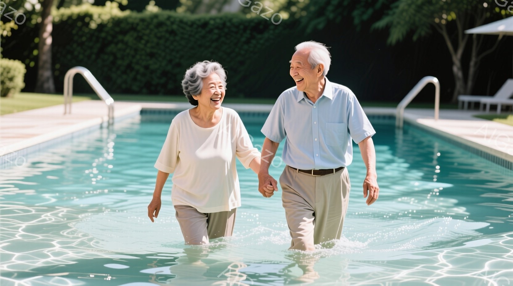 白髪の老夫婦がプールの中で手をつないで歩いています。女性はクリーム色のシャツとベージュ色のズボンを着用し、男性は水色のシャツとグレーのズボンを着用しています。背景には緑の茂みと青空が見え、水面には太陽 - AI生成フリー素材