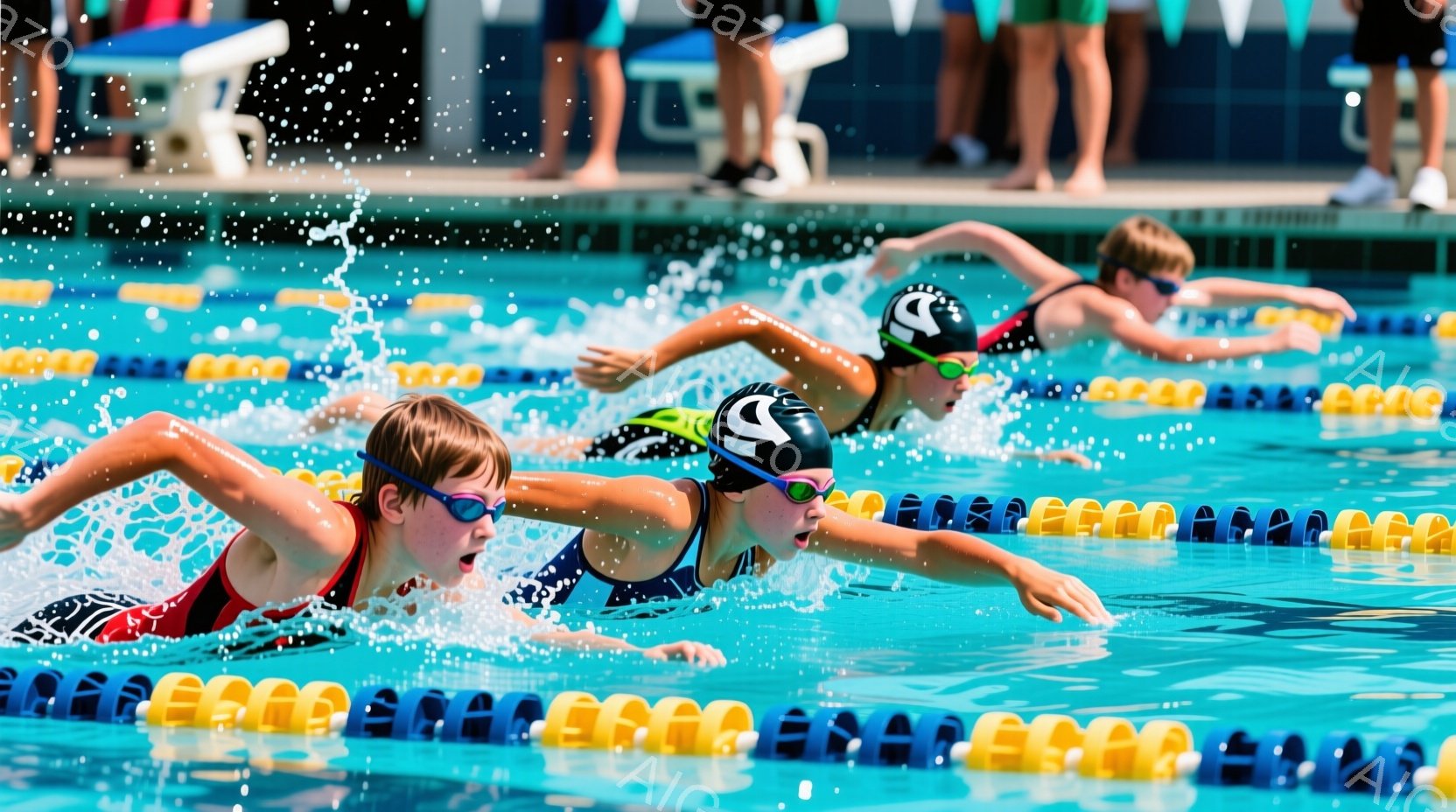 水泳競技中の少女たちが写っている。それぞれ異なる色の水着とゴーグルを着用し、力強くクロールで泳いでいる様子が捉えられており、水しぶきが躍動感を高めている。背景には水面の波紋とレーンを示す黄色い浮き輪、 - AI生成フリー素材