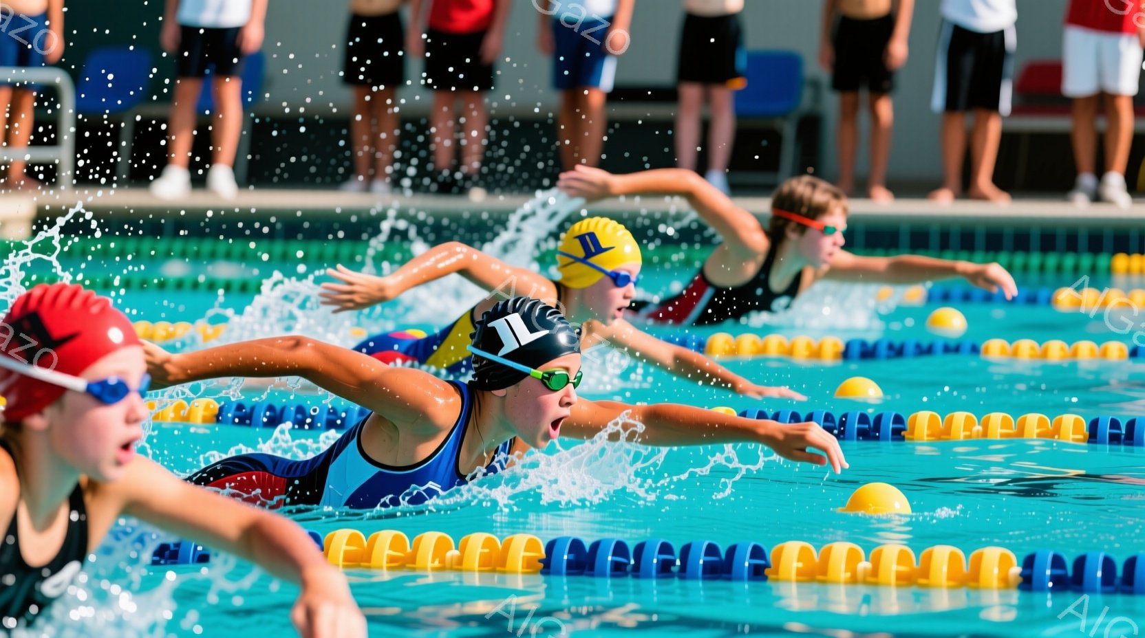 水泳競技の様子が写っており、複数の選手がプール内で競泳している。選手たちはゴーグルと水泳帽を着用し、力強く腕を伸ばしてクロールで泳いでおり、表情は真剣で集中している。プールの水面には水しぶきが飛び散り、背景にはぼやけた観客席が見え、競技場の活気を感じさせる。