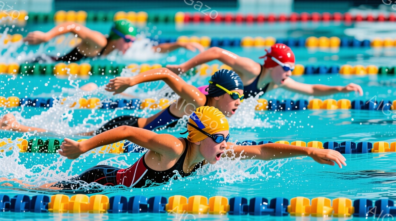 水泳競技の様子が写された画像で、複数のスイマーがプール内で競泳している。先頭を泳ぐスイマーは、黒と赤の模様の競泳用水着を着用し、黄色いキャップとゴーグルを付けている。水面には水しぶきが飛び散り、プールのレーンを示すカラフルなマーカーが背景にぼやけて見える。
