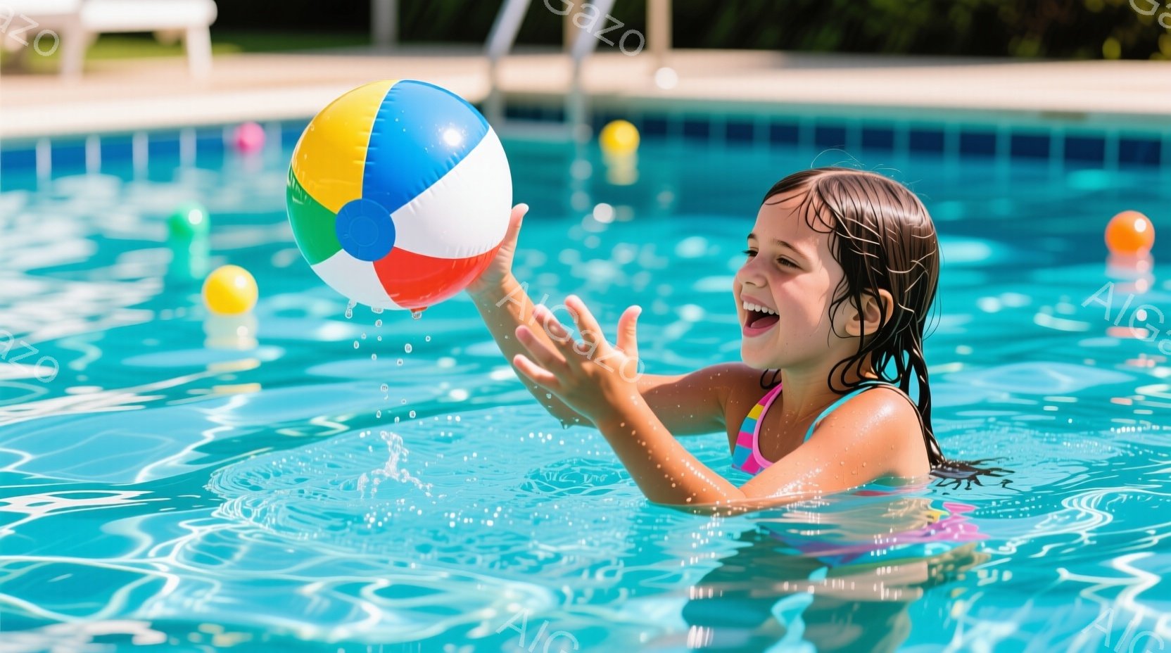 水色のプールの中で、少女がカラフルなボールを両手で高く掲げています。彼女はピンクと黄色の水着を着ており、濡れた髪は後ろで結ばれています。笑顔でボールを見つめる表情から、楽しんでいる様子が伝わってきます。