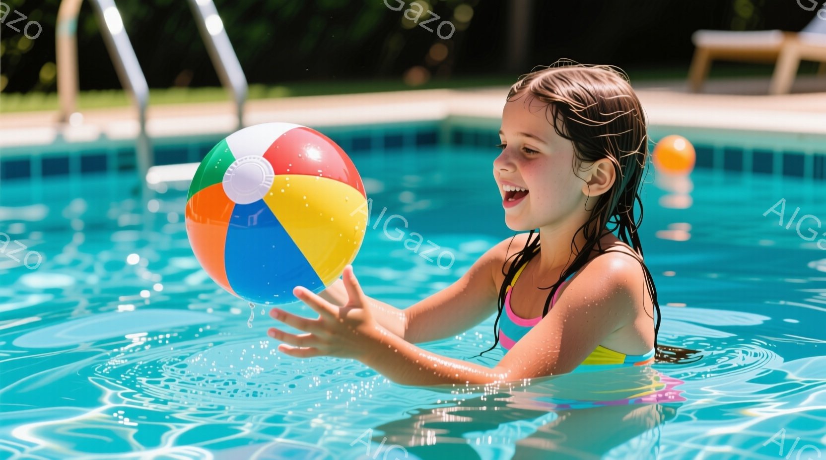 小さな女の子が水中で遊んでいる写真です。彼女は明るいピンクと黄色の水着を着ており、濡れた髪は肩にかかっています。満面の笑みを浮かべ、カラフルなボールを両手で楽しそうに受け止めている姿は、水しぶきとともに夏らしさを感じさせます。