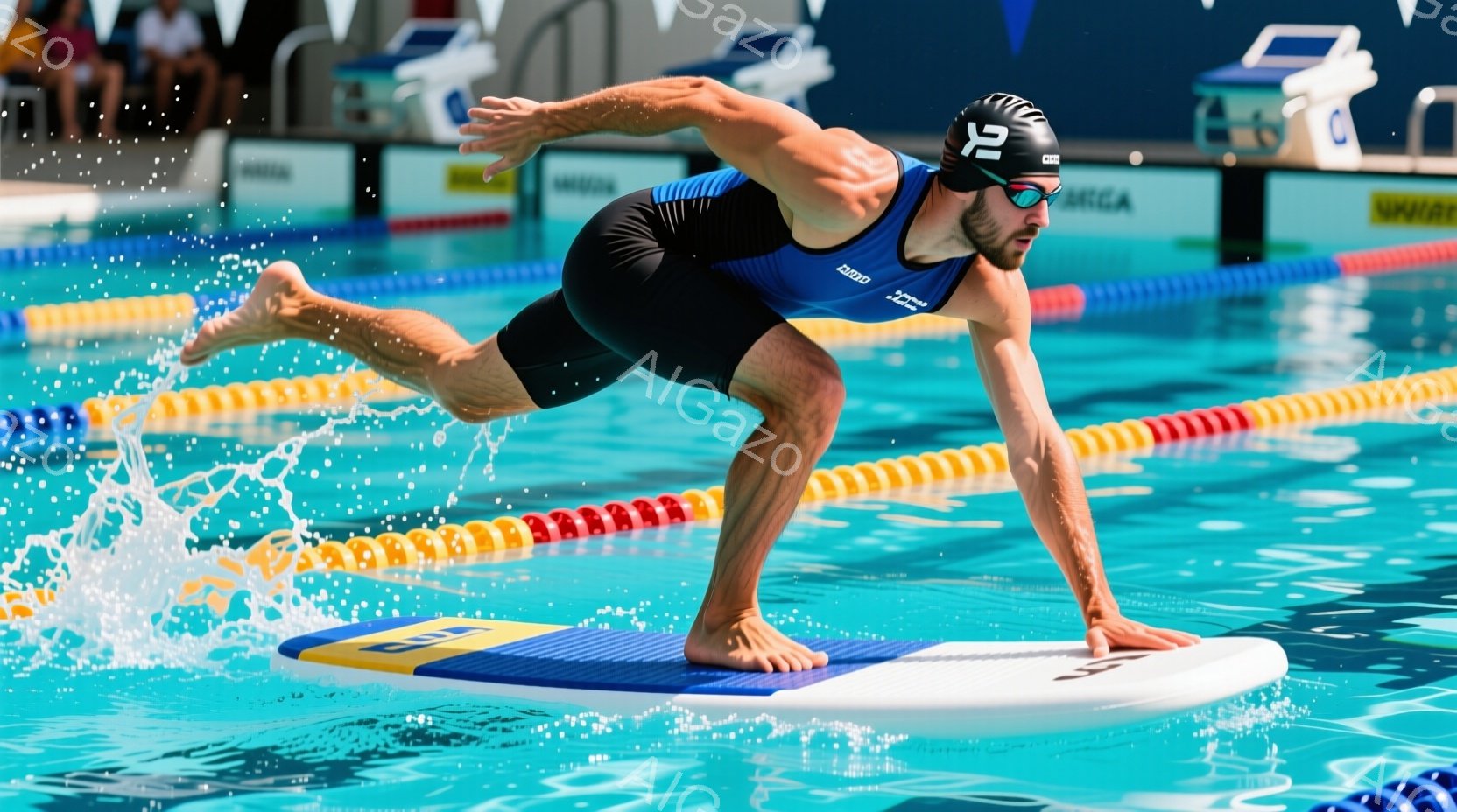 水泳競技者が水中で浮遊する、ダイナミックな瞬間を捉えた写真です。彼は黒と青の競泳用水着を着用し、片足を高く上げ、両腕を広げたポーズを取っています。背景には水面、プールの壁、そして観客席が見え、競技の活気を感じさせます。