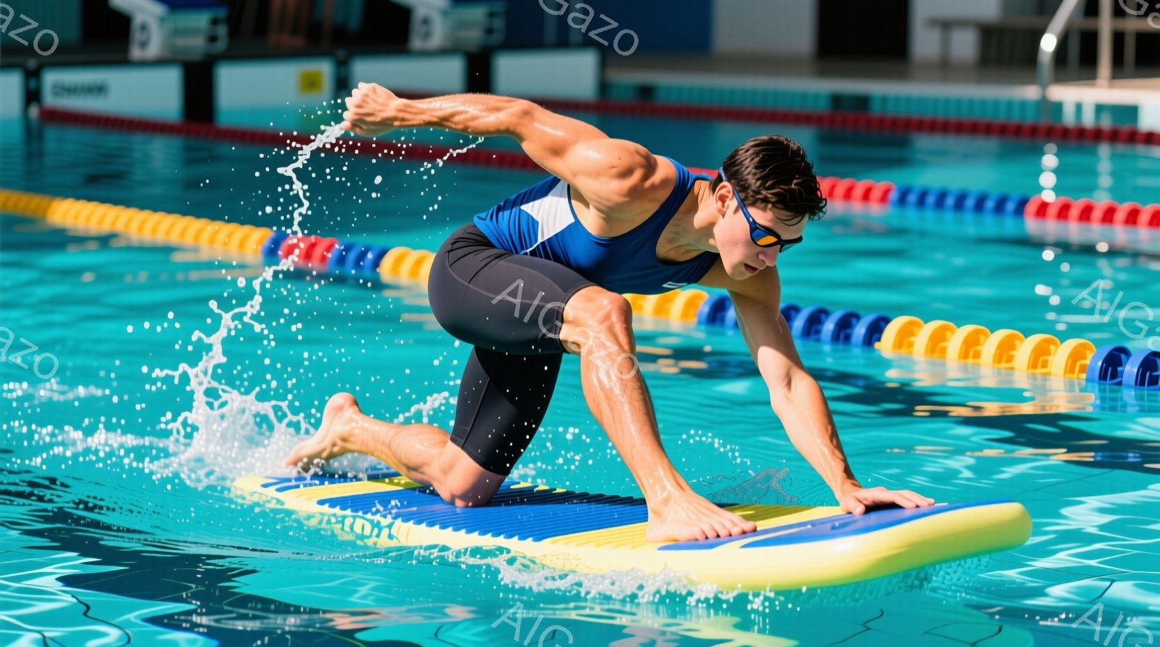水泳選手が水中でプールの床に置かれたフロートボードの上を這っている様子が写っている。彼は黒と青の競泳用水着を着用し、ゴーグルをつけている。水しぶきが飛び散り、水中の動きを強調し、背景にはプールのタイルと水面の反射が見える。