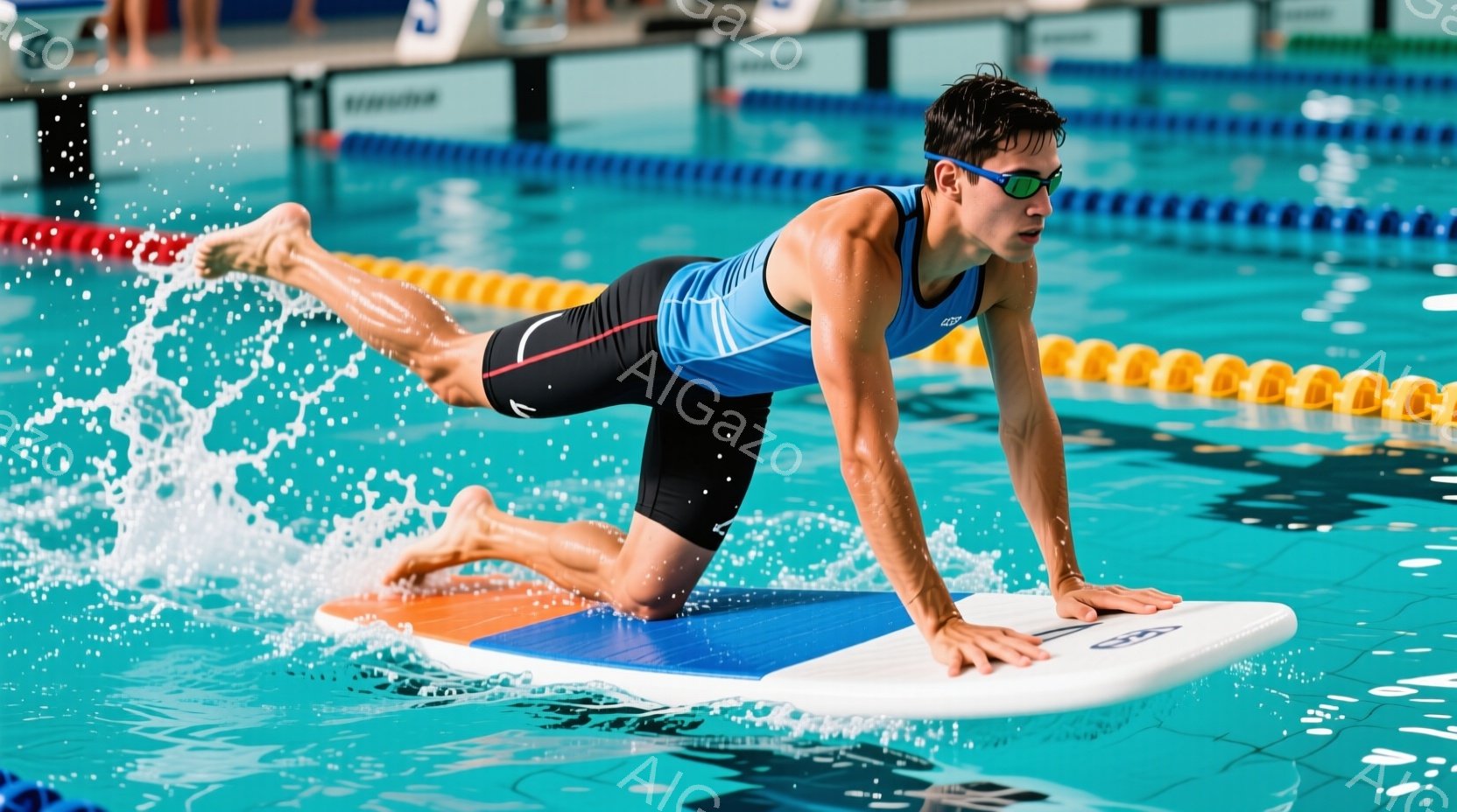 水泳競技者が水中でボードの上に四つん這いになっている様子が写っている。彼は競技用の黒いスイムスーツを着用し、ゴーグルをかけている。背景には水面の波紋と、競技プールのタイル張りの壁が見え、活気ある競技の - AI生成フリー素材