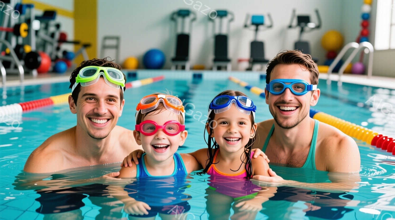 室内プールで、2人の男性と2人の幼い女の子が笑顔で並んで水中にいます。全員ゴーグルを着用し、男性は上半身裸、女の子は水着を着ています。背景には水泳用具やトレーニングマシンが並び、明るく楽しい雰囲気が漂っています。