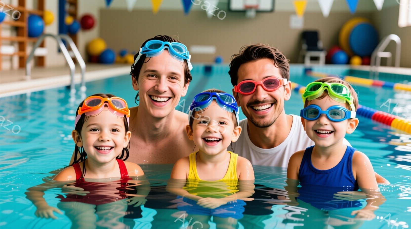 室内プールで、水着を着た大人2人と子供3人が笑顔でカメラを見ている。子供たちはそれぞれ異なる色のゴーグルと水着を着ており、大人は水色のゴーグルをかけている。背景には、カラフルなボールや遊具が見え、明るく楽しい雰囲気が漂っている。