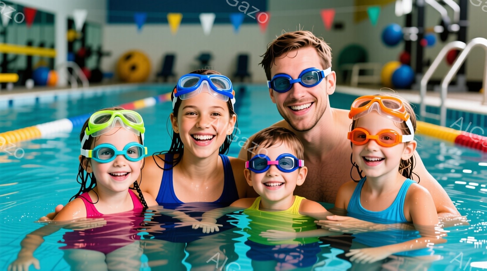 水泳場で、笑顔の家族が水中に浮かんでいます。母親は紺色の水着、子供たちはピンク、緑、ターコイズブルーの水着を着ており、それぞれ異なる色のゴーグルを着用しています。背景にはカラフルなフロートと水泳プールの壁が見え、明るく楽しい雰囲気が漂っています。