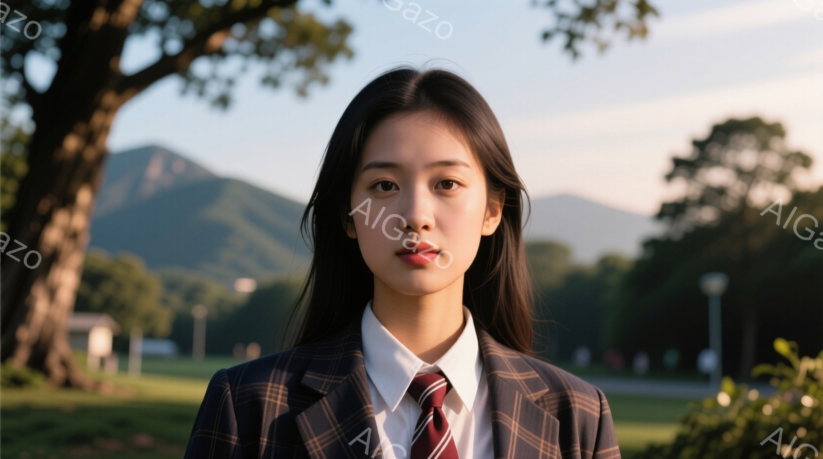 長い黒髪をセンターパートにした若い女性が、チェック柄のジャケットと白いシャツ、赤いネクタイを着用し、正面をまっすぐ見つめています。彼女は落ち着いた表情で、姿勢もまっすぐです。背景には緑豊かな芝生と木々、遠くには山々が見え、晴れた日の穏やかな雰囲気が漂っています。