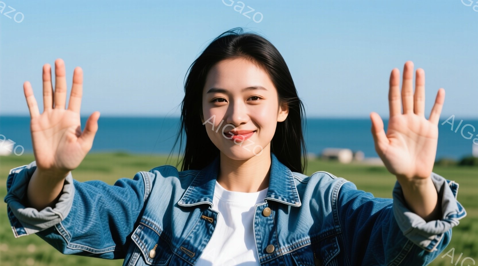 長い黒髪の女性が、デニムジャケットと白いTシャツを着て、両手を広げて笑顔で立っています。背景には緑の草地と青い海が広がり、晴天で穏やかな雰囲気です。女性は明るく、リラックスした様子で、開放的な印象を与 - AI生成フリー素材