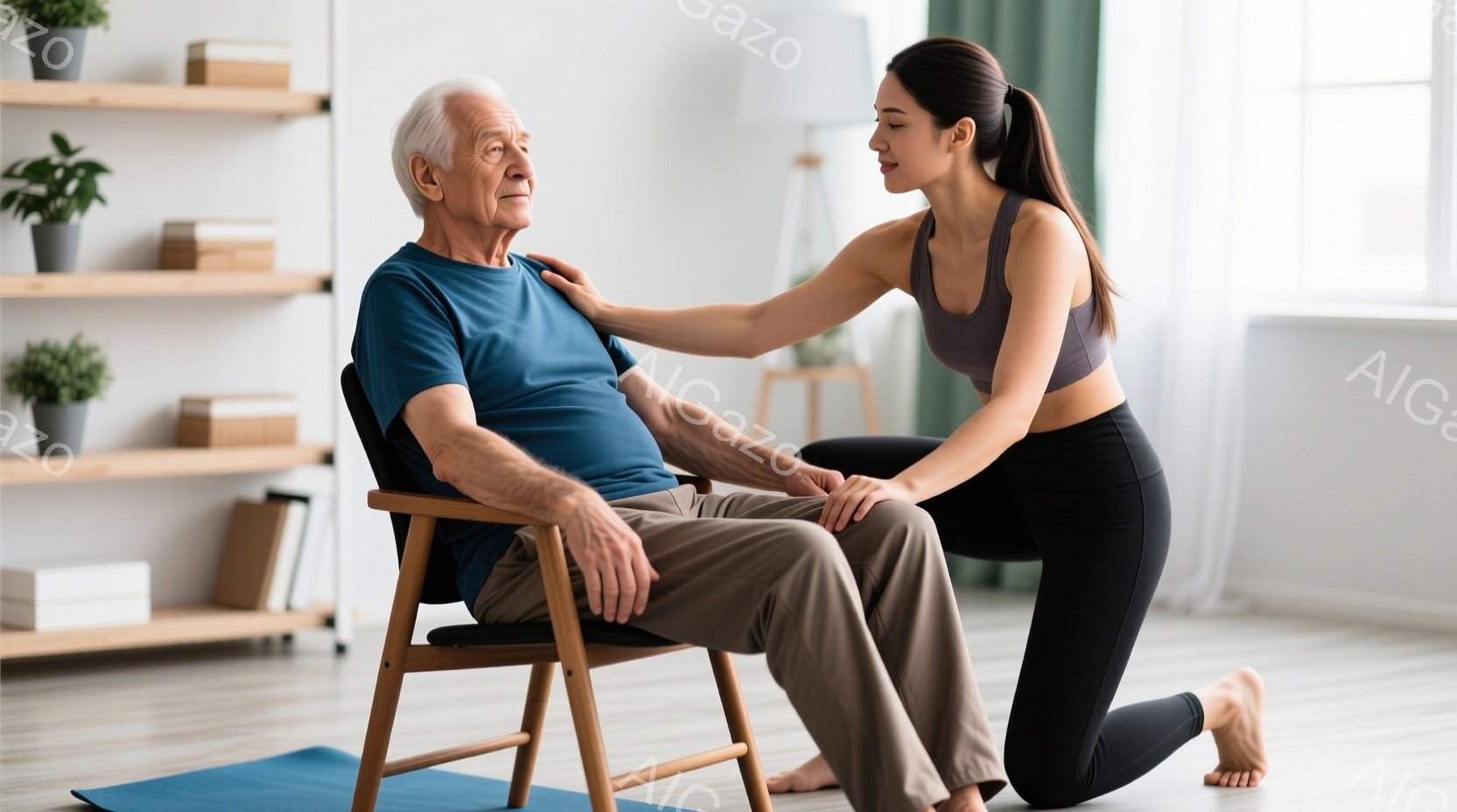 白髪でしわのある高齢男性が椅子に座っており、ベージュ色のズボンと青いTシャツを着ています。若い女性が膝をつき、彼に優しく肩を置き、安心感を与えています。背景には白い棚があり、緑の植物が飾られており、部屋全体が清潔で穏やかな雰囲気を醸し出しています。