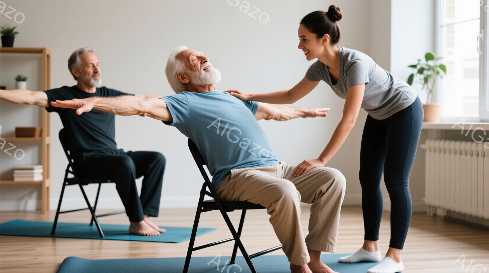 ヨガマットの上で椅子に座り、腕を横に広げている白髪の男性がいます。若い女性は彼に寄り添い、肩に手を当ててサポートしています。背景には本棚と窓があり、室内は明るく、穏やかな雰囲気です。 - AI生成フリー素材