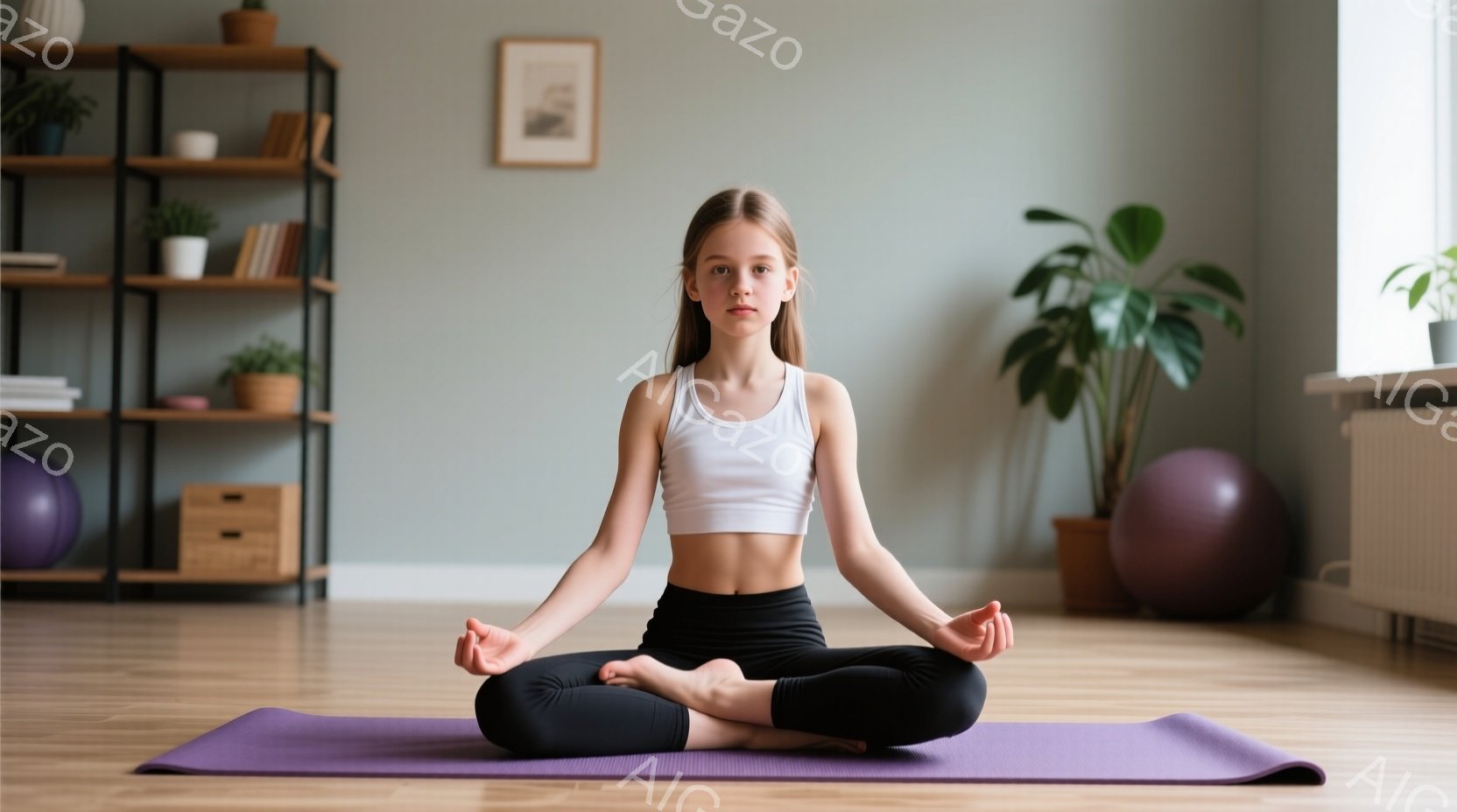少女は紫色のヨガマットの上で、足を組んで座禅を組んでいます。白のタンクトップと黒のレギンスを着用し、落ち着いた表情で目を閉じています。背景には木製の棚、観葉植物、そして明るい自然光が差し込む窓が見え、穏やかでリラックスした雰囲気を醸し出しています。