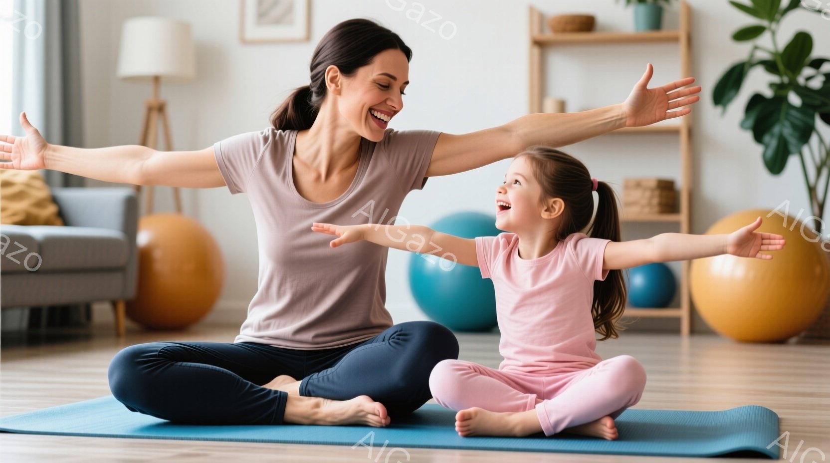 ヨガマットの上に座っている女性と幼い女の子が描かれています。女性は薄いピンク色のトップスと濃い青色のレギンスを着ており、髪は後ろで束ねられています。二人は両手を横に広げ、笑顔でリラックスした雰囲気です - AI生成フリー素材
