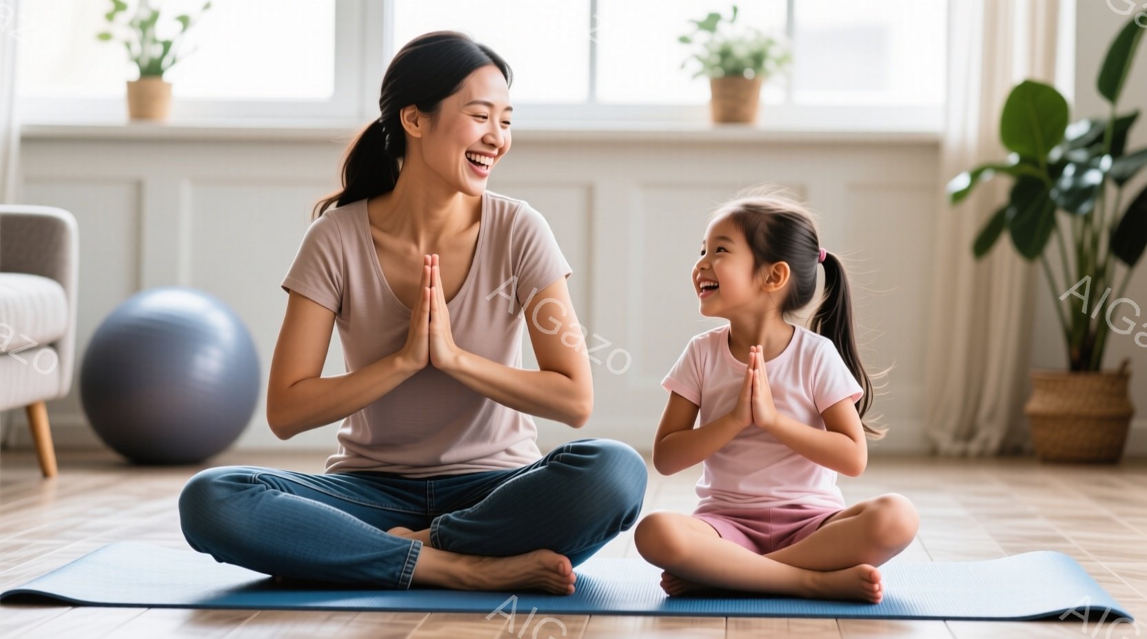 明るいリビングルームで、母親と娘がヨガマットの上で座禅を組んでいます。母親は薄いピンク色のTシャツとジーンズを着用し、笑顔で手を合わせ、娘はピンクのTシャツとショーツを着て、同じように笑顔で手を合わせ - AI生成フリー素材