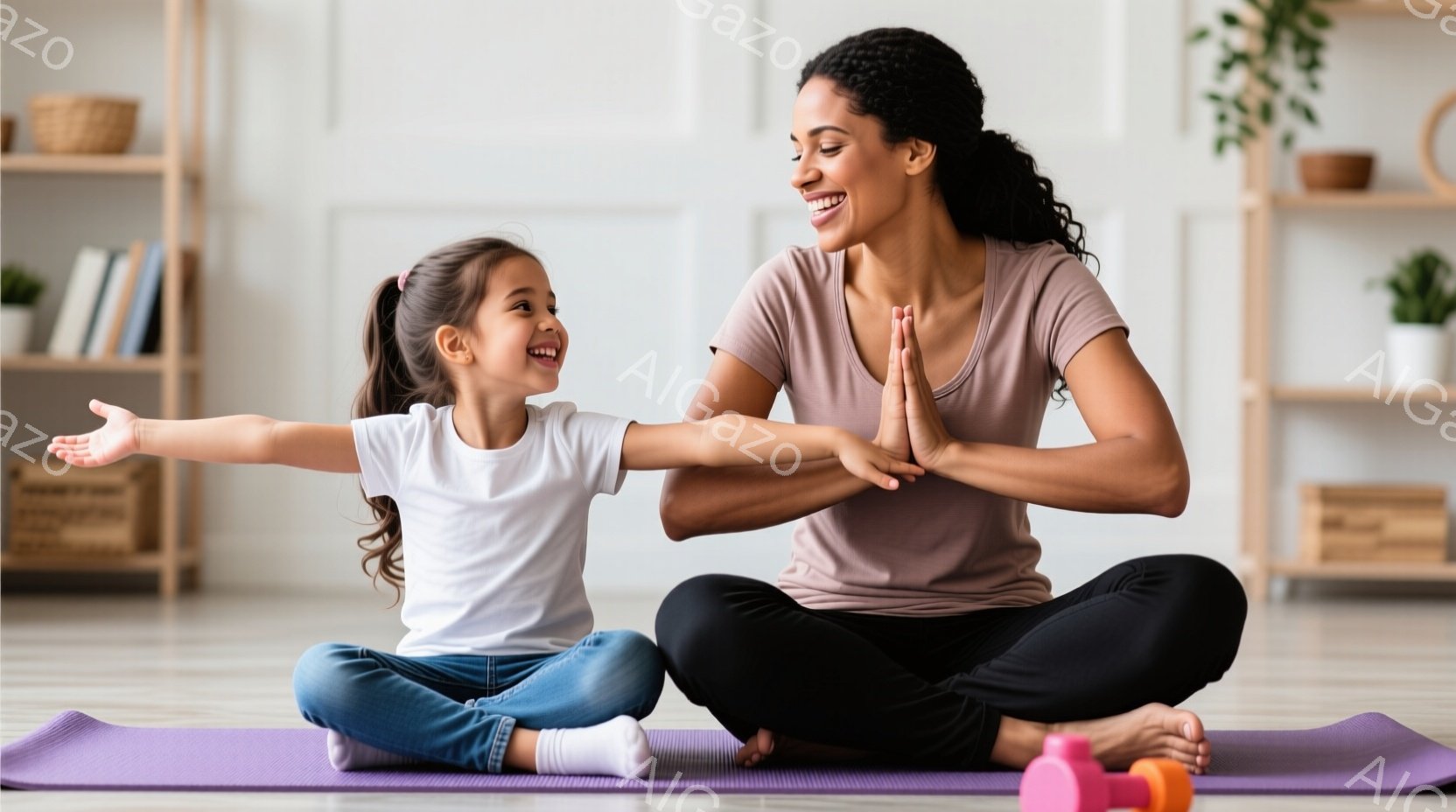 少女はデニムのズボンと白いTシャツを着て、両腕を広げて座っています。彼女の母親は黒いスポーツウェアを着て、両手を合わせて瞑想するように座り、二人は紫色のヨガマットの上で笑顔を浮かべています。背景には木製の棚があり、植物やダンベルが置かれ、室内は明るく、家庭的な雰囲気が漂っています。