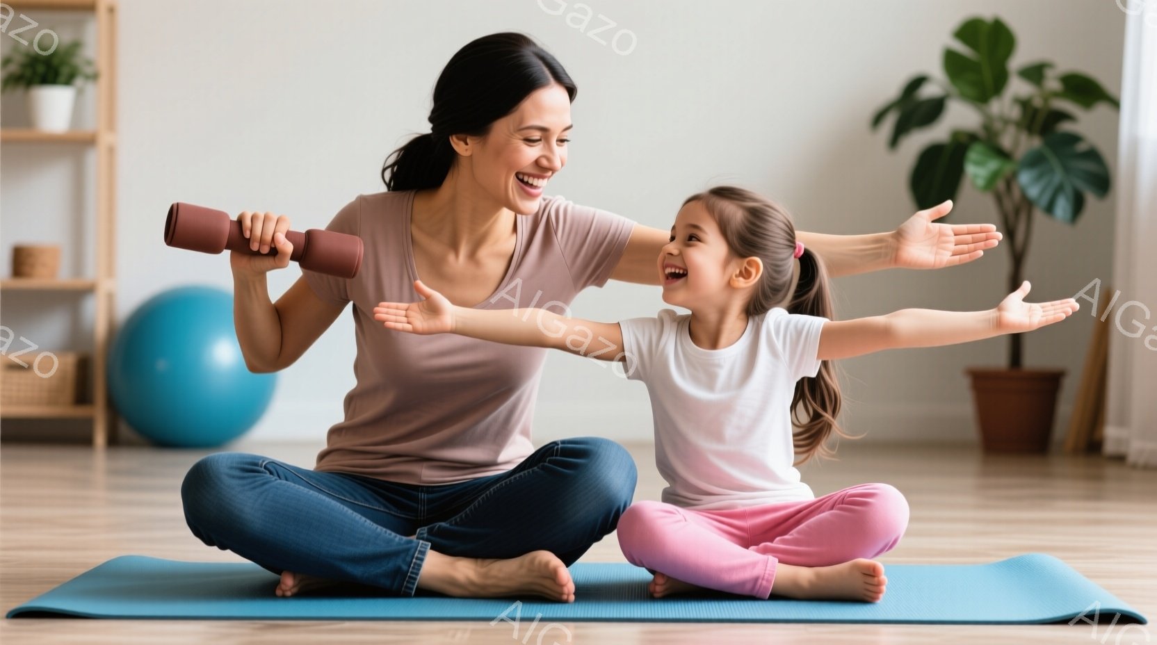 長い髪を後ろで束ねた女性が、ピンク色のエクササイズマットの上で座り、ダンベルを持ち上げています。彼女の隣には、同じように座り、両手を広げている幼い女の子がいて、二人とも笑顔で楽しそうに運動しています。背景には、観葉植物やフィットネスボールが見え、明るく家庭的な雰囲気の室内で運動を楽しんでいる様子が伺えます。
