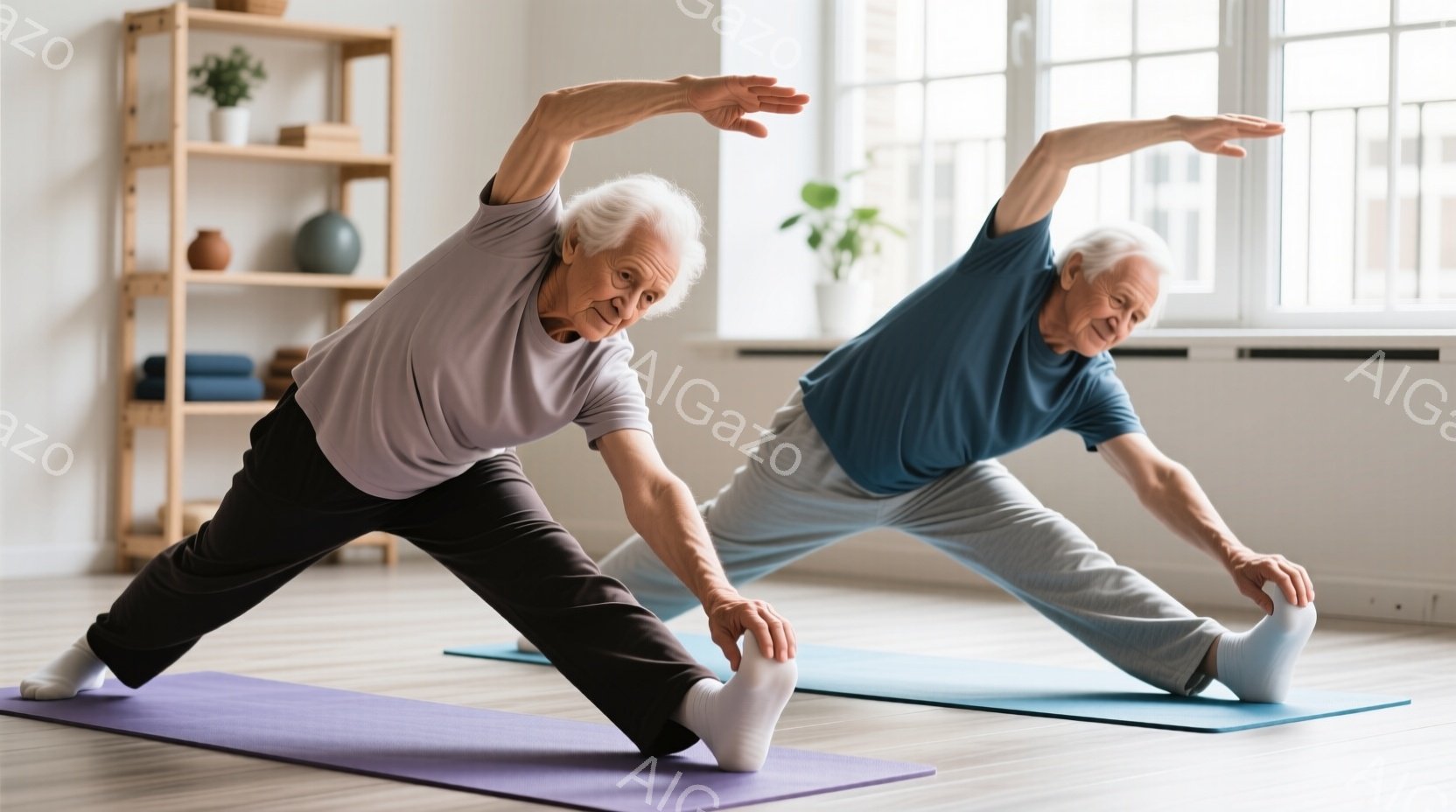 白髪の高齢の女性二人組が、それぞれ紫と青のヨガマットの上でストレッチをしている様子が写っている。二人はともにスポーツウェア姿で、片足を伸ばし、もう片方の足を曲げて体を横に傾けている。背景には木製の棚があり、明るい日差しが差し込み、健康的なライフスタイルを促す穏やかな雰囲気が漂っている。