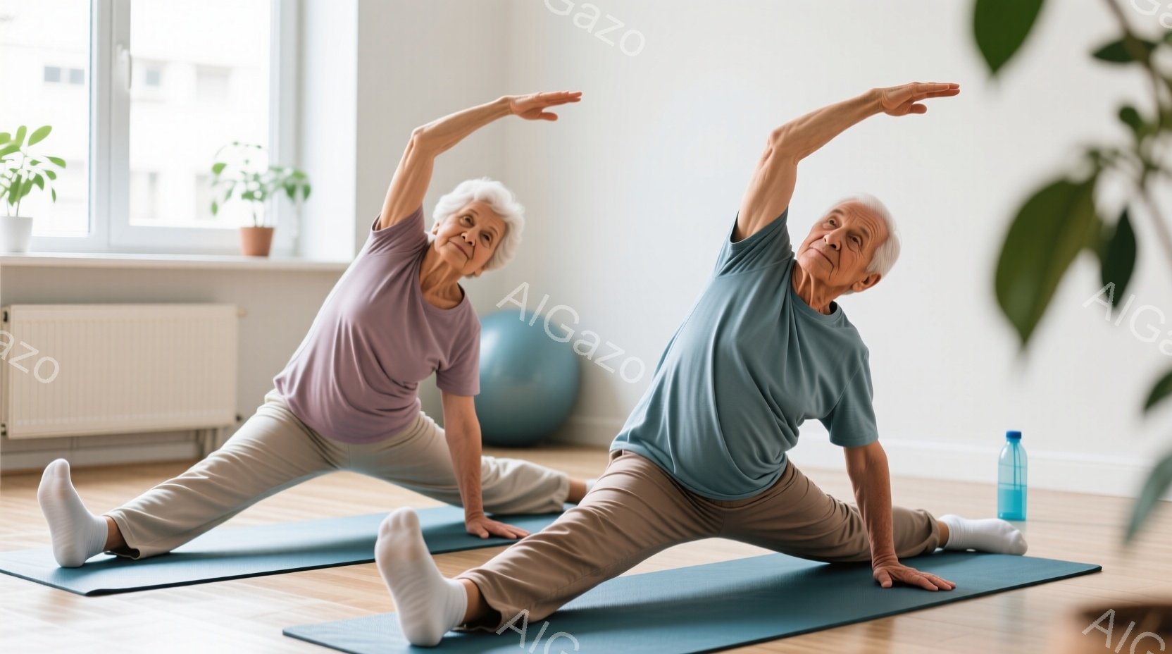 白髪の高齢女性二人が、ヨガマットの上で横方向に足を伸ばしたストレッチをしている。彼女たちはそれぞれ薄紫と水色のTシャツとベージュ色のズボンを着用しており、白い靴下を履いている。背景には窓、観葉植物、青いエクササイズボール、そして水の入ったペットボトルが見え、健康的なライフスタイルを象徴する明るく開放的な雰囲気である。