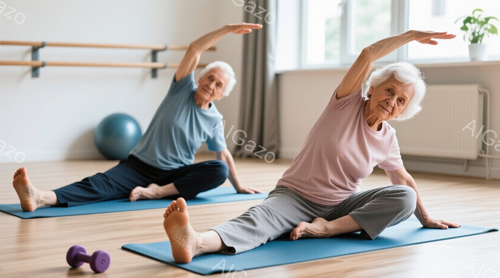 ヨガマットの上でストレッチをしている白髪の女性二人組が写っています。女性たちはそれぞれピンクと青の長袖シャツと灰色のズボンを着用し、足を広げて座り、片手を上に伸ばしています。背景には、木製の床、窓、ダンベル、エクササイズボールが見え、明るく清潔な印象を与えるジムの雰囲気です。
