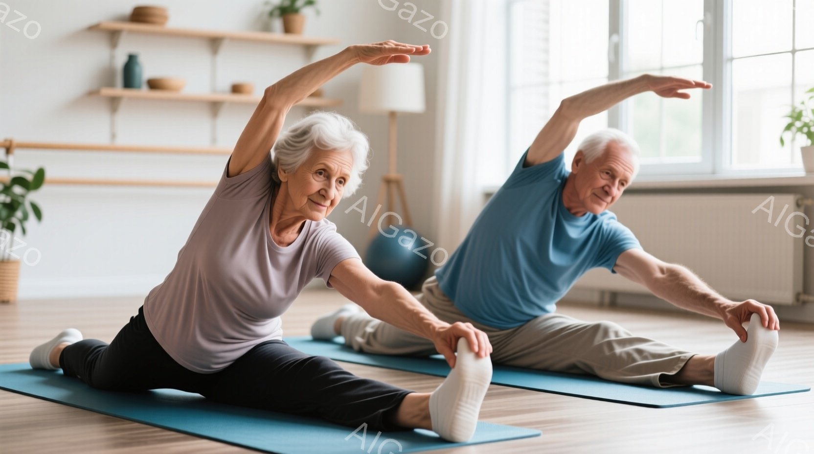 白髪の女性と男性が、それぞれヨガマットの上で開脚のストレッチをしている。女性は薄紫色のTシャツと黒いレギンス、男性は水色のTシャツとグレーのズボンを着用しており、ともに笑顔でリラックスした表情をしてい - AI生成フリー素材