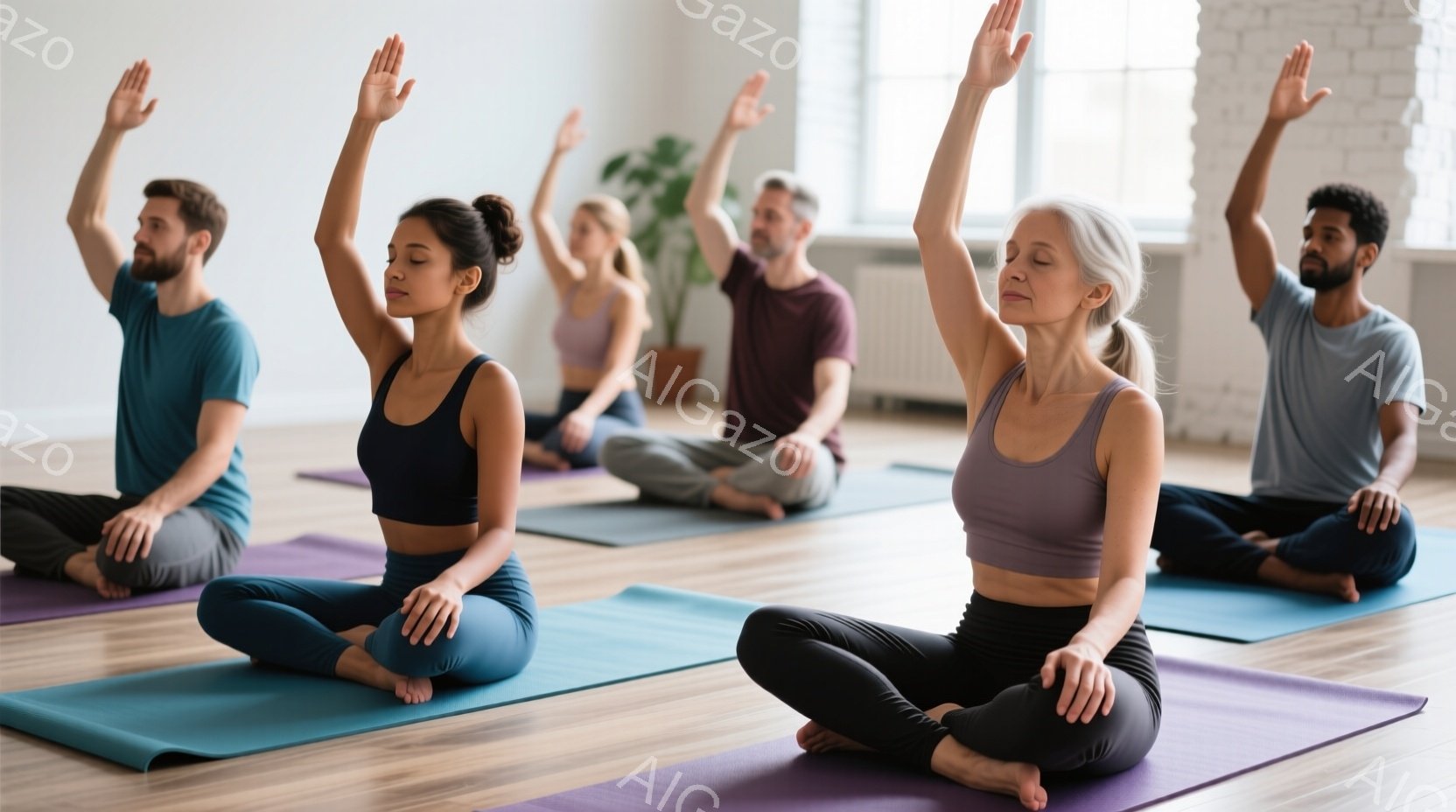 ヨガマットの上に座り、足を組んで瞑想する多様な年齢層の人々が写っています。全員が両手を上に伸ばし、リラックスした表情をしています。背景には明るい部屋、白い壁、そしてわずかに見える植物があり、穏やかで平和な雰囲気が漂っています。