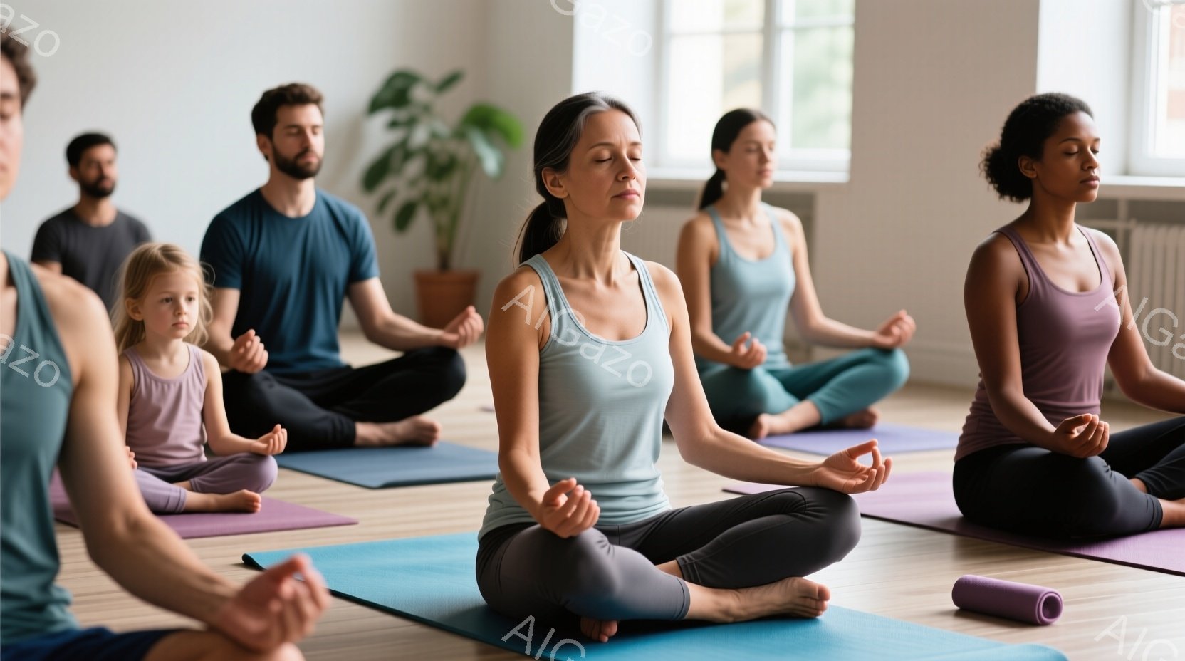 ヨガマットの上で座禅を組んでいる人々のグループが写っています。女性たちはスポーツウェアを着ており、髪を後ろで束ねています。背景には木製の床、窓からの自然光、そして緑の植物が見え、穏やかでリラックスした - AI生成フリー素材