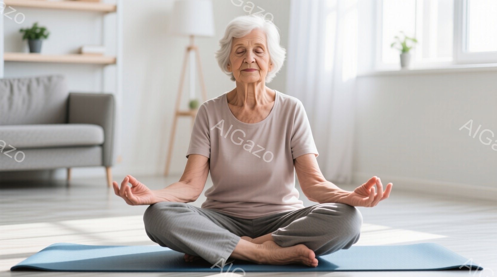 白髪の老婦人が、明るい部屋の床に青いヨガマットの上で座禅を組んでいます。彼女は薄いピンク色のTシャツとグレーのズボンを身につけ、穏やかな表情を浮かべて目を閉じています。背景には、白いソファ、木製のサイドテーブル、そして窓から差し込む自然光が見え、全体的に静かで平和な雰囲気が漂っています。