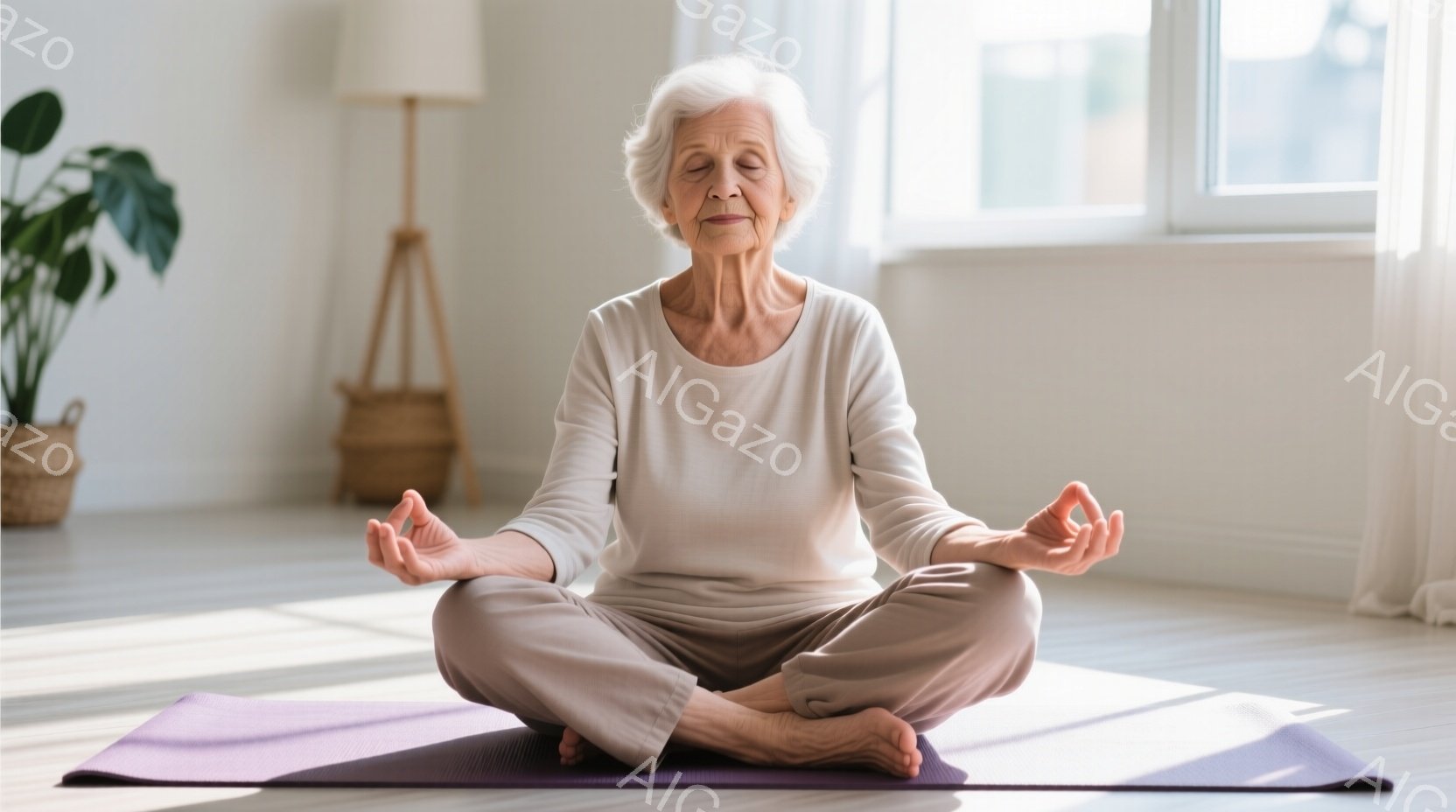 白髪の女性が紫色のヨガマットの上で座禅を組んでいます。彼女はベージュ色のゆったりとした服装で、穏やかな表情を浮かべて目を閉じています。背景は明るい室内で、籐製のバスケットや間接照明があり、静かで平和な雰囲気を醸し出しています。